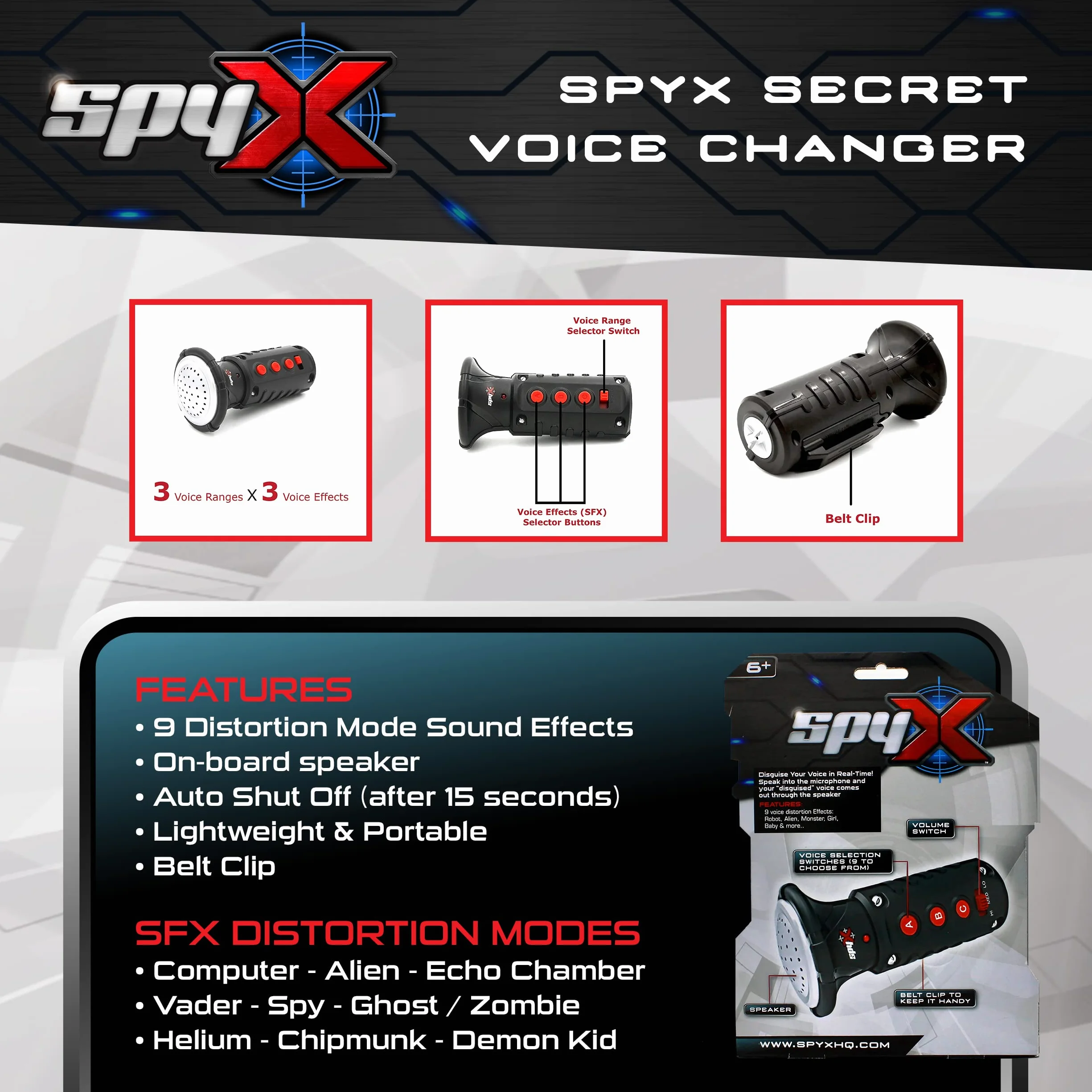 SpyX 10537 Tajny zmieniacz głosu dla dzieci - Przebranie i ukrywanie swojej tożsamości dla zabawnych misji szpiegowskich - Zawiera tajny zmieniacz głosu z 9 trybami zniekształceń, ponad 6 lat