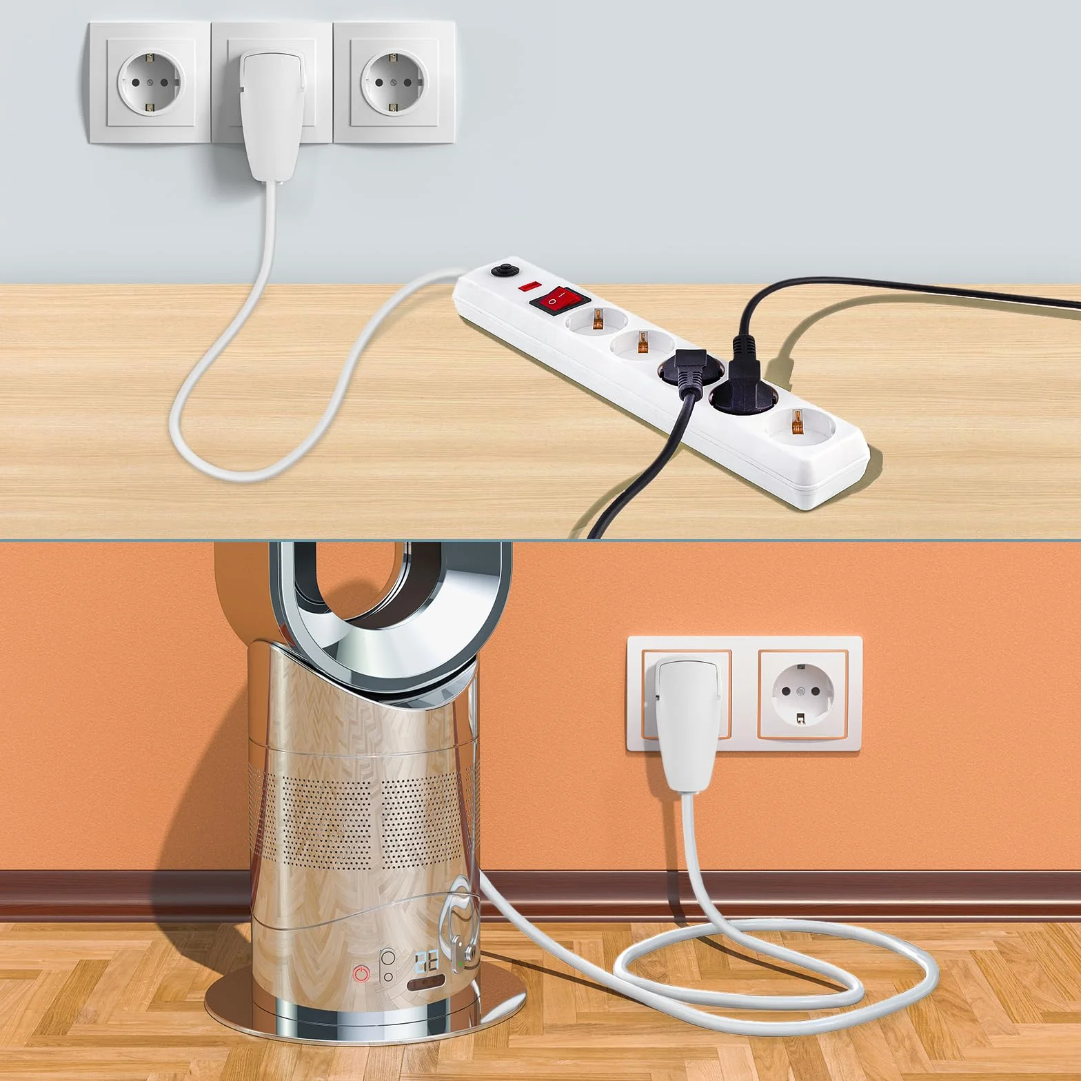 VIEVRE 2 wtyczki kątowe Schuko, płaskie, 250 V (16 A), wtyczka euro, wtyczka Schuko, kątowa do kabli do 3 x 1,5 mm², białe