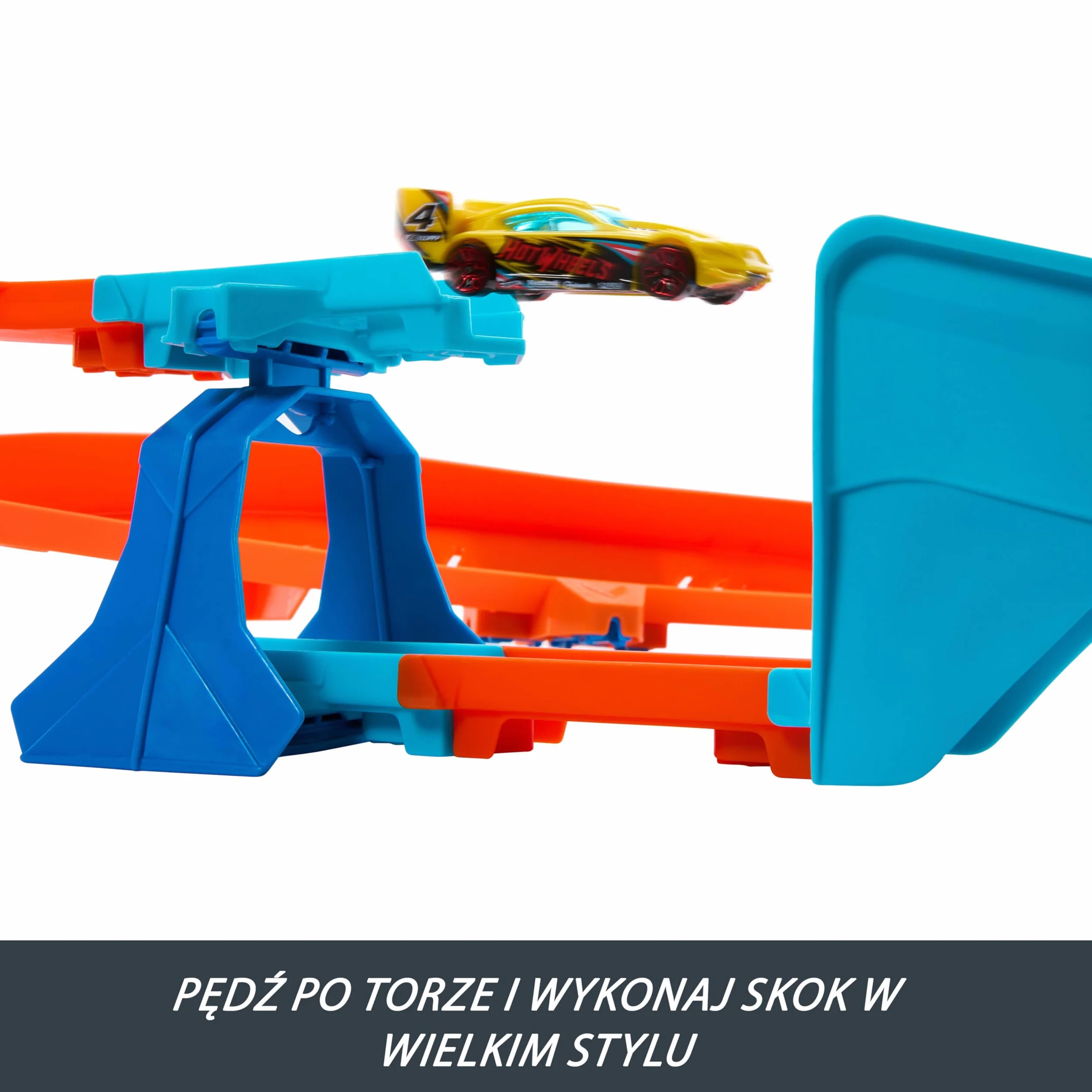Hot Wheels Track Creator Tor wyścigowy Super skok Zestaw deluxe z przyspieszaczem z napędem + samochód 1:64, JDB49