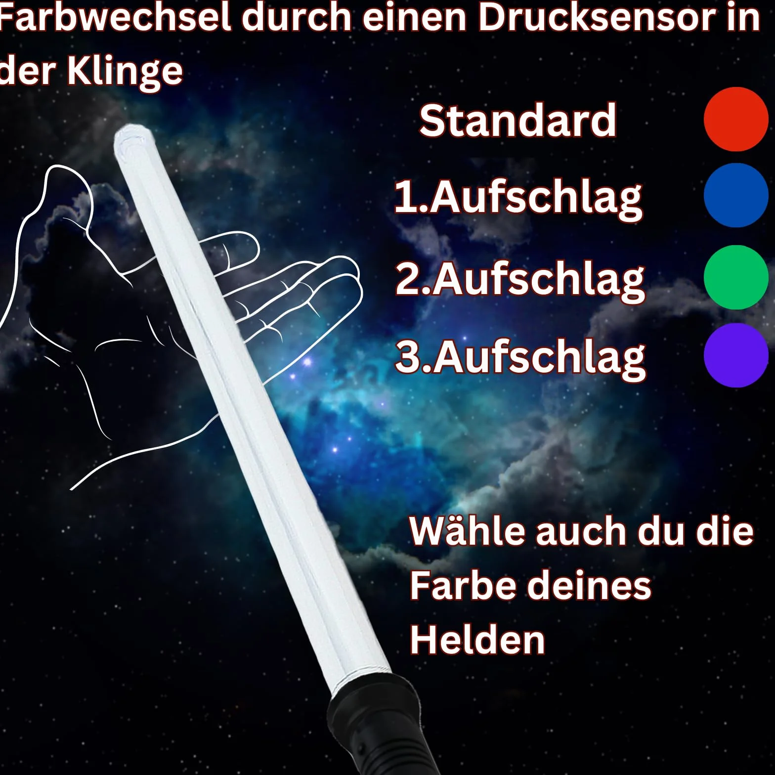 Miecz świetlny, miecz laserowy Lightsaber z 4 efektami świetlnymi LED do wyboru, kolor niebieski, czerwony lub zielony i dźwięk, 67 cm sztywne ostrze uchwyt czarny