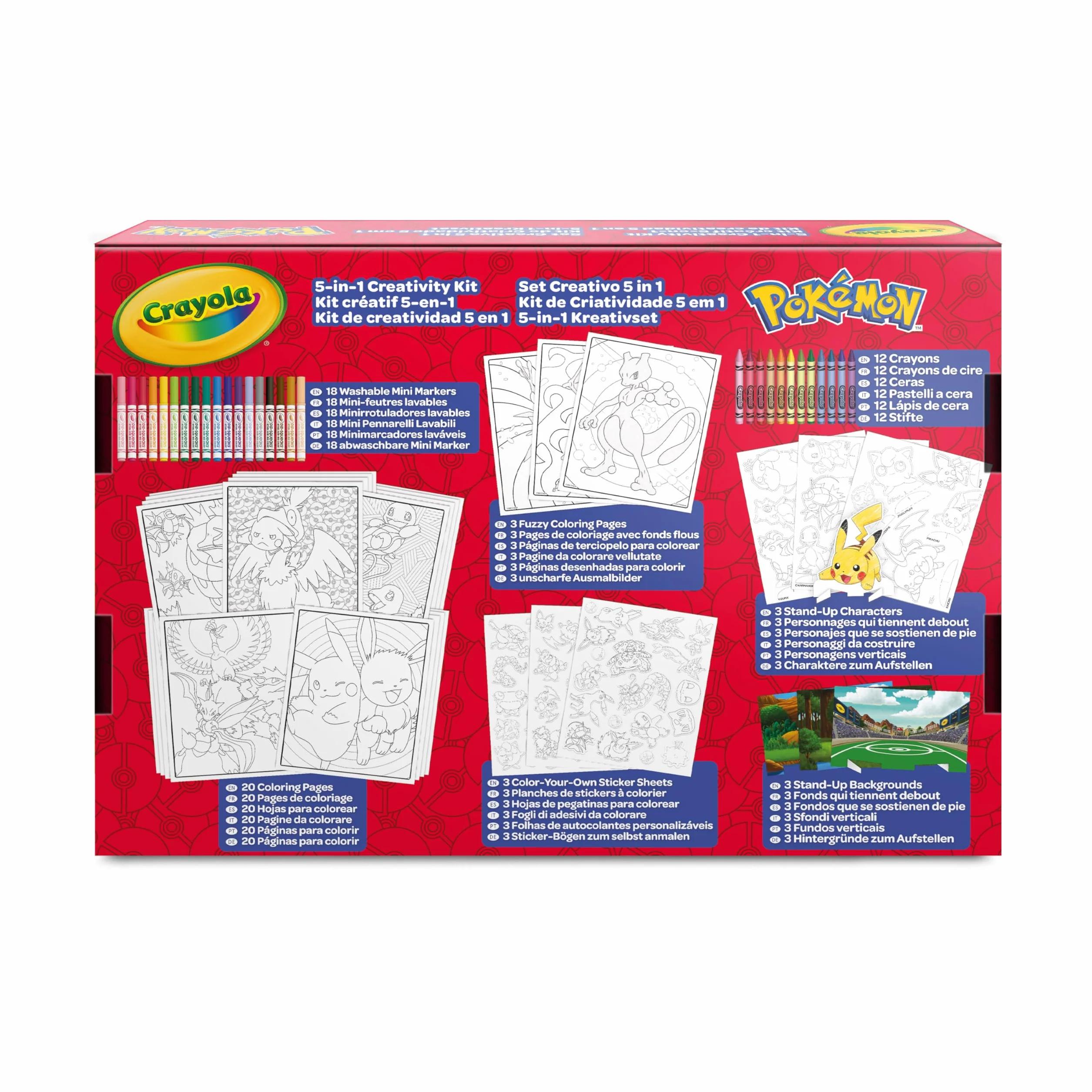 CRAYOLA - Zestaw do kreatywnego rysowania Pokemon 5 w 1, z kolorowankami, markerami, kredkami, naklejkami, 60 elementów, prezent dla chłopców i dziewczynek od 4 lat, pomysł na prezent i podróż