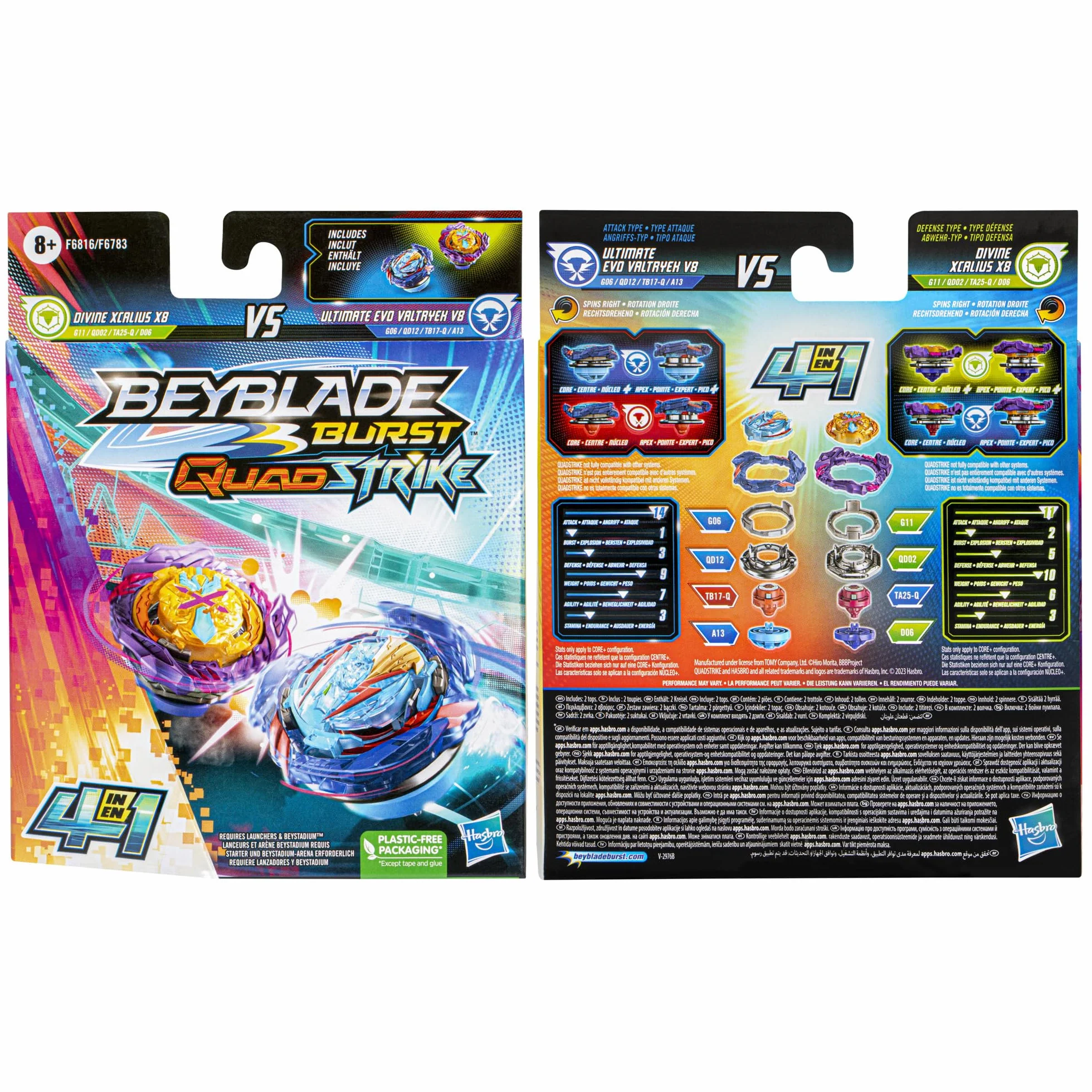 Beyblade Burst QuadStrike Ultimate Evo Valtryek V8 i Divine Xcalius X8 bączek, dwupak, zabawka do walki