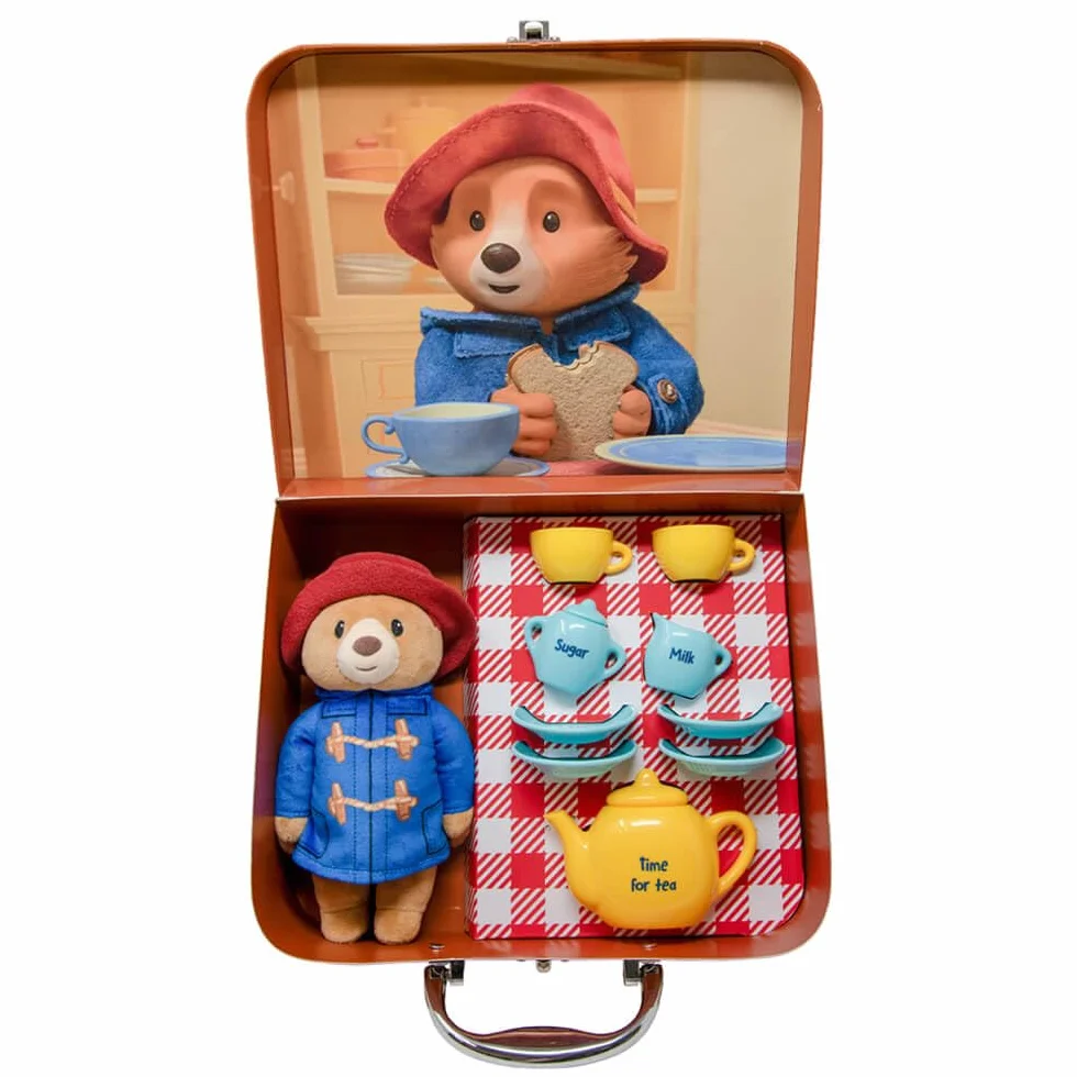 Rainbow Designs Paddington Bear's Toy Tea Set – 9-częściowy zestaw do herbaty dla dzieci z czajnikiem, kubkami, spodkami i dzbankiem na cukier – zawiera pluszową zabawkę, walizkę wielokrotnego użytku