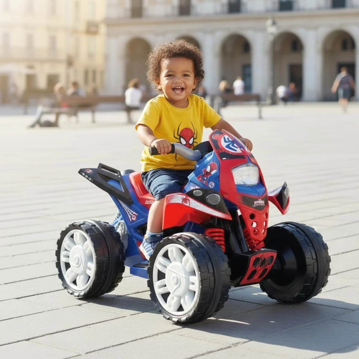 INJUSA - Quad elektryczny The Beast Spiderman, dla dzieci od 2 do 4 lat, akumulator 12 V, pedał przyspieszenia, bieg wsteczny i plastikowe koła, maksymalna prędkość 6 km/h, kolor niebieski