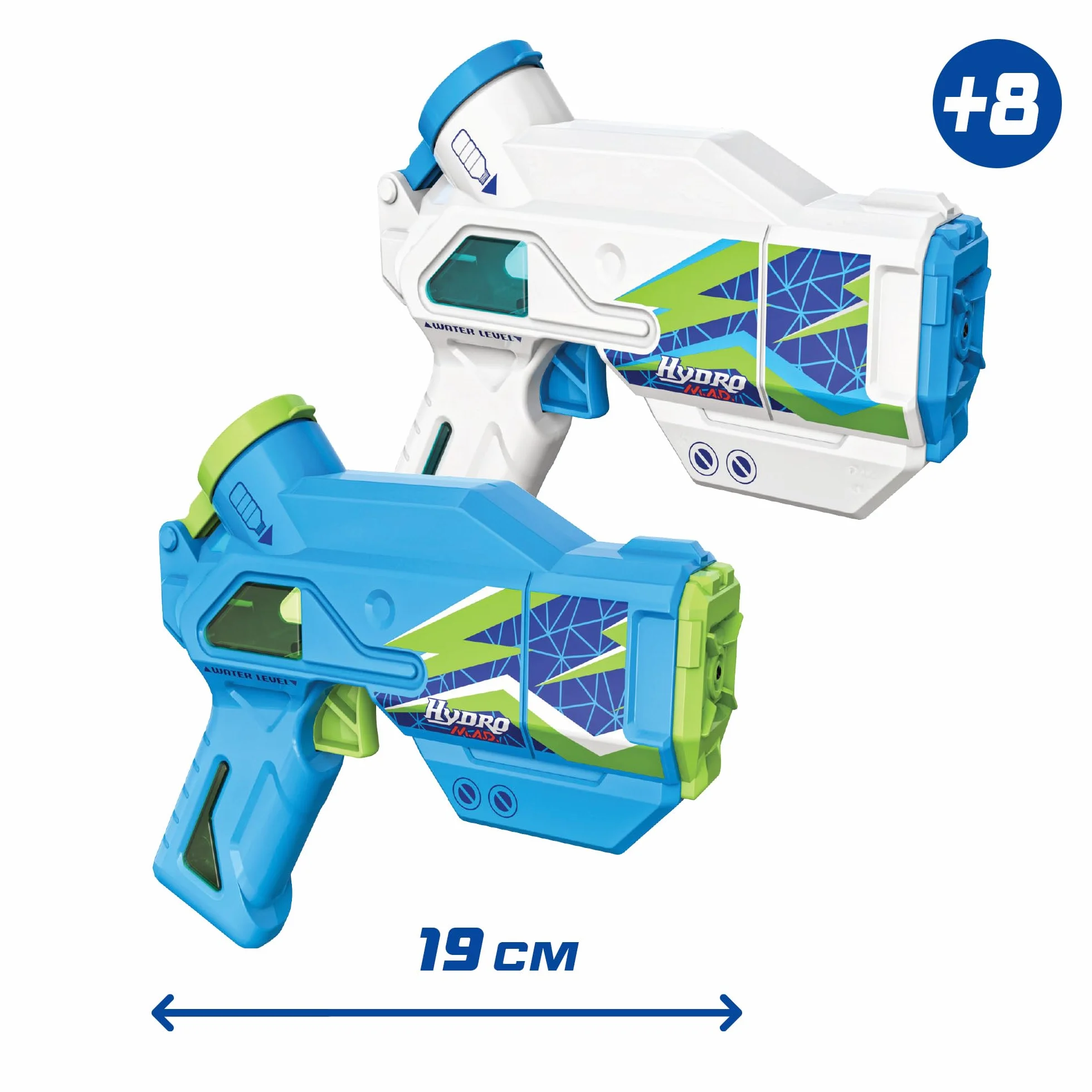 Hydro M.A.D. Mini Blaster Podwójny zestaw, elektroniczne pistolety na wodę w kolorze niebieskim i białym, zasięg do 5 m, zabawka do zabawy na świeżym powietrzu, chłopcy i dziewczęta+8 lat, Bizak