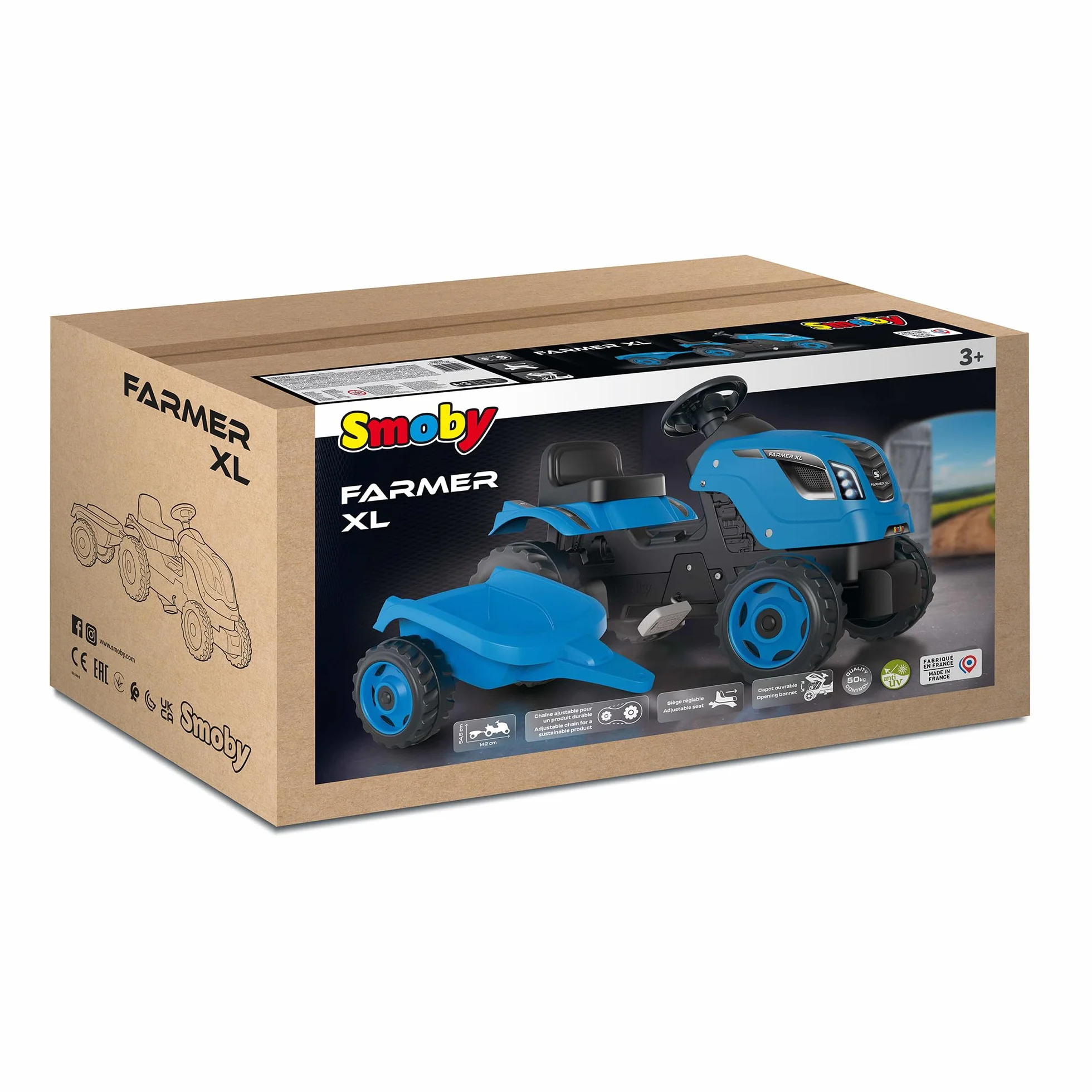Smoby - Farmer XL Niebieski Traktor + Przyczepa - Traktor na pedały dla dzieci - Regulowane siedzenie - Kierownica z klaksonem - Otwierana maska - Od 3 lat - Wyprodukowano we Francji