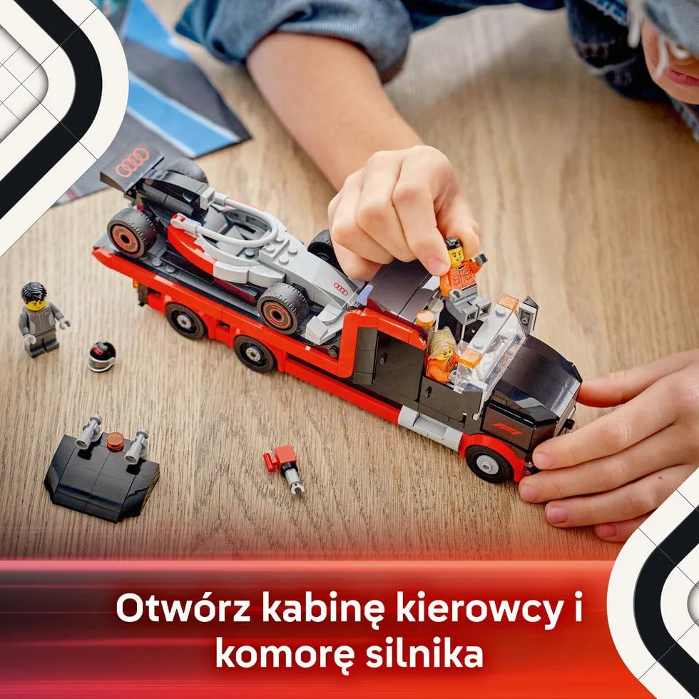 LEGO City Ciężarówka F1 z bolidem Audi F1, zabawka dla dzieci do zbudowania, pomysł na prezent dla 7-latka, dla chłopca i dziewczynki na urodziny, ozdoba na biurko dla fana wyścigówki z klocków 60493