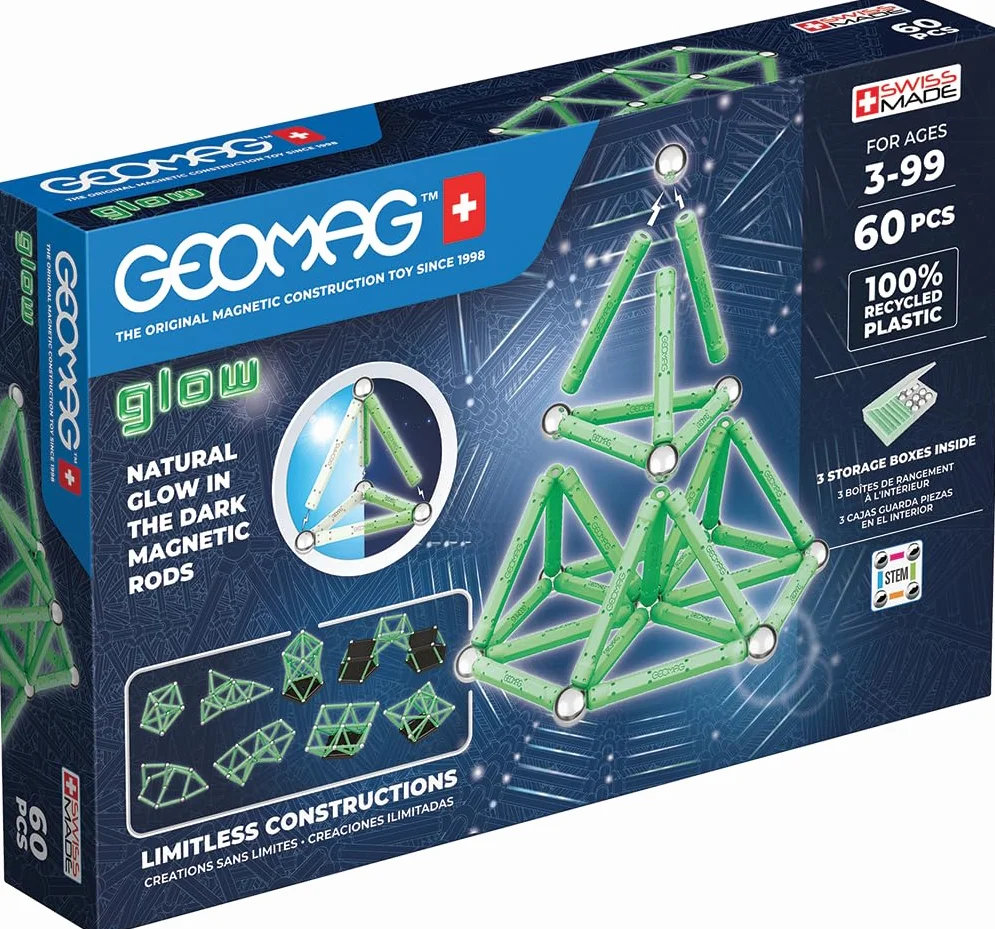 Geomag, Glow Recycled, fosforyzujące konstrukcje magnetyczne, fosforyzujące pręty magnetyczne, opakowanie 60 sztuk, 100% plastik z recyklingu, umiejętności kreatywne