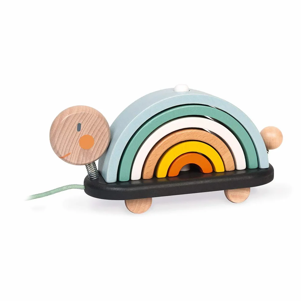 Janod - Wooden Sweet Cocoon Rainbow Turtle - Original Early Learning Game, 6 Stackable Arcs Of Circles - 1st Learnings - Turtle to Pull - Wooden Toy, Water Based Paint - from 18 Months Old, J04405