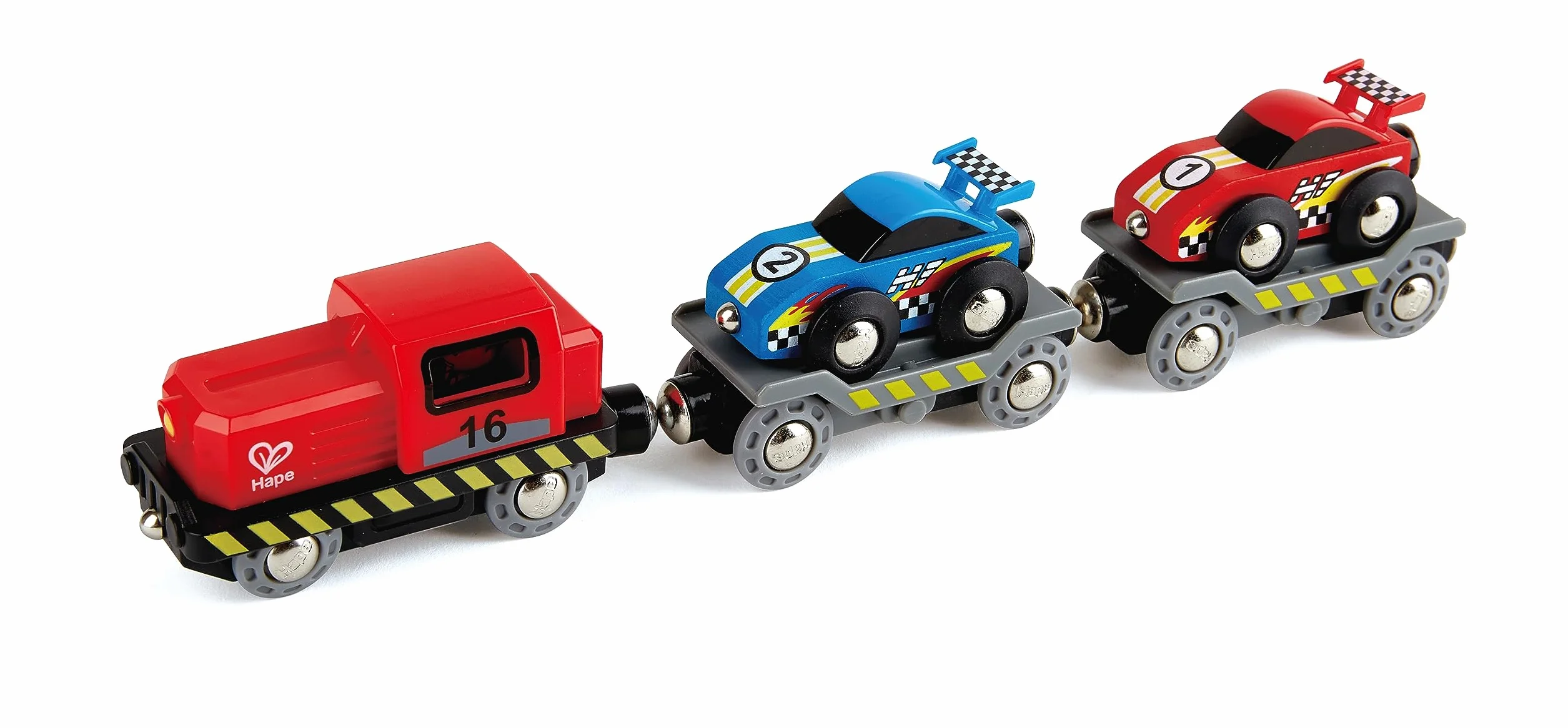 Hape E3735 Race Car Transporter Railway Engine - Wooden Train Track Accessories
