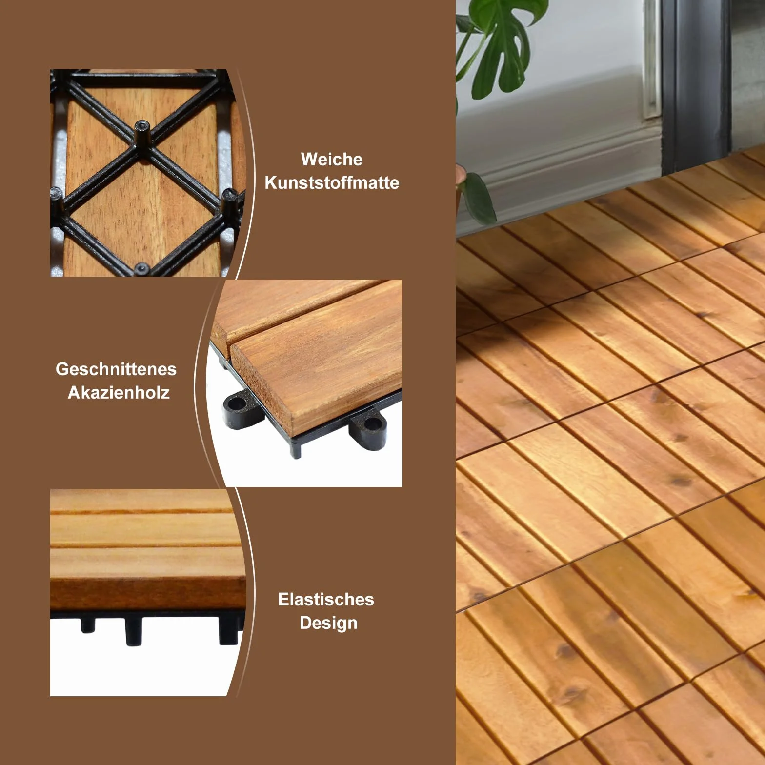 COSTWAY Płytki drewniane, na balkon, 30 x 30 cm, drewno akacjowe, zestaw 27 płytek tarasowych 2,43 m², płytki balkonowe z systemem zatrzaskowym, wykładzina podłogowa na taras, balkon i do ogrodu