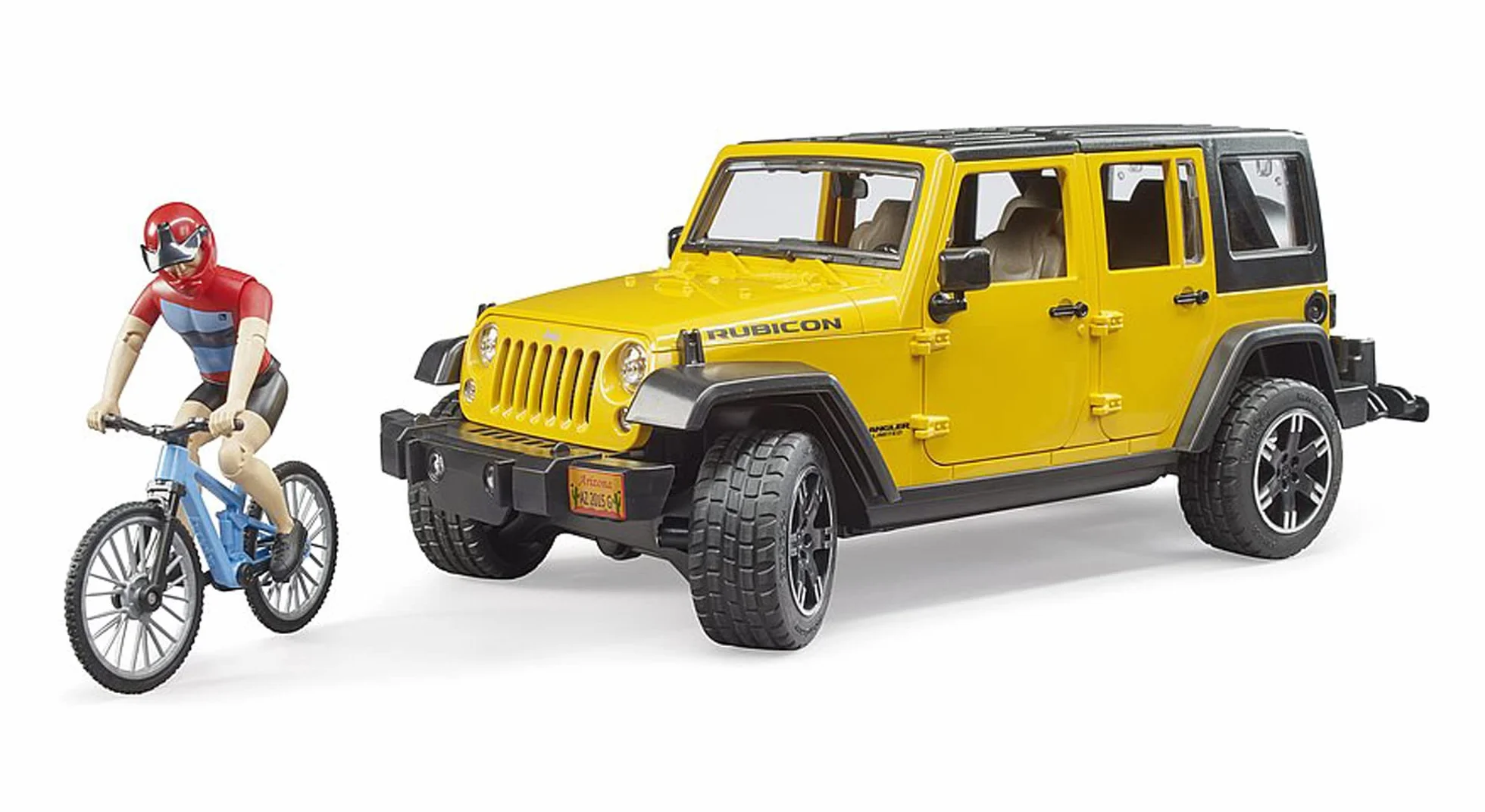 bruder 02543 - Jeep Wrangler Rubicon Unlimited z rowerem górskim i rowerzystą, pojazd terenowy, rower, figurka zabawki