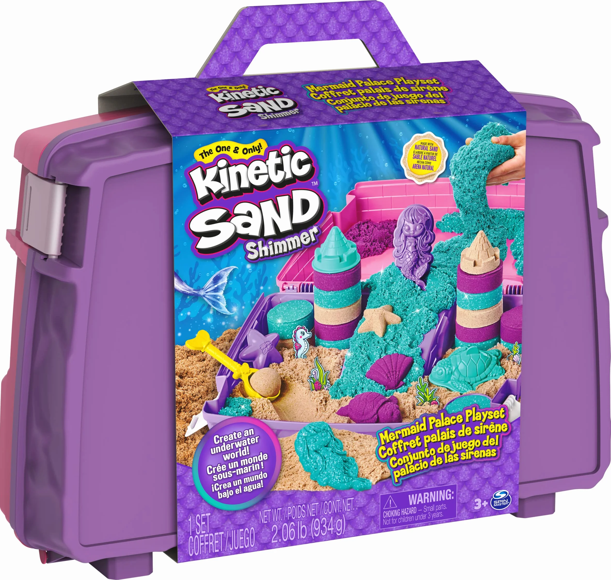 Kinetic Sand, Zestaw do zabawy w pałacu syrenki, 0,9 kg połyskującego piasku do zabawy, składana piaskownica wielokrotnego użytku i narzędzia, zabawki sensoryczne dla dzieci w wieku od 3 lat