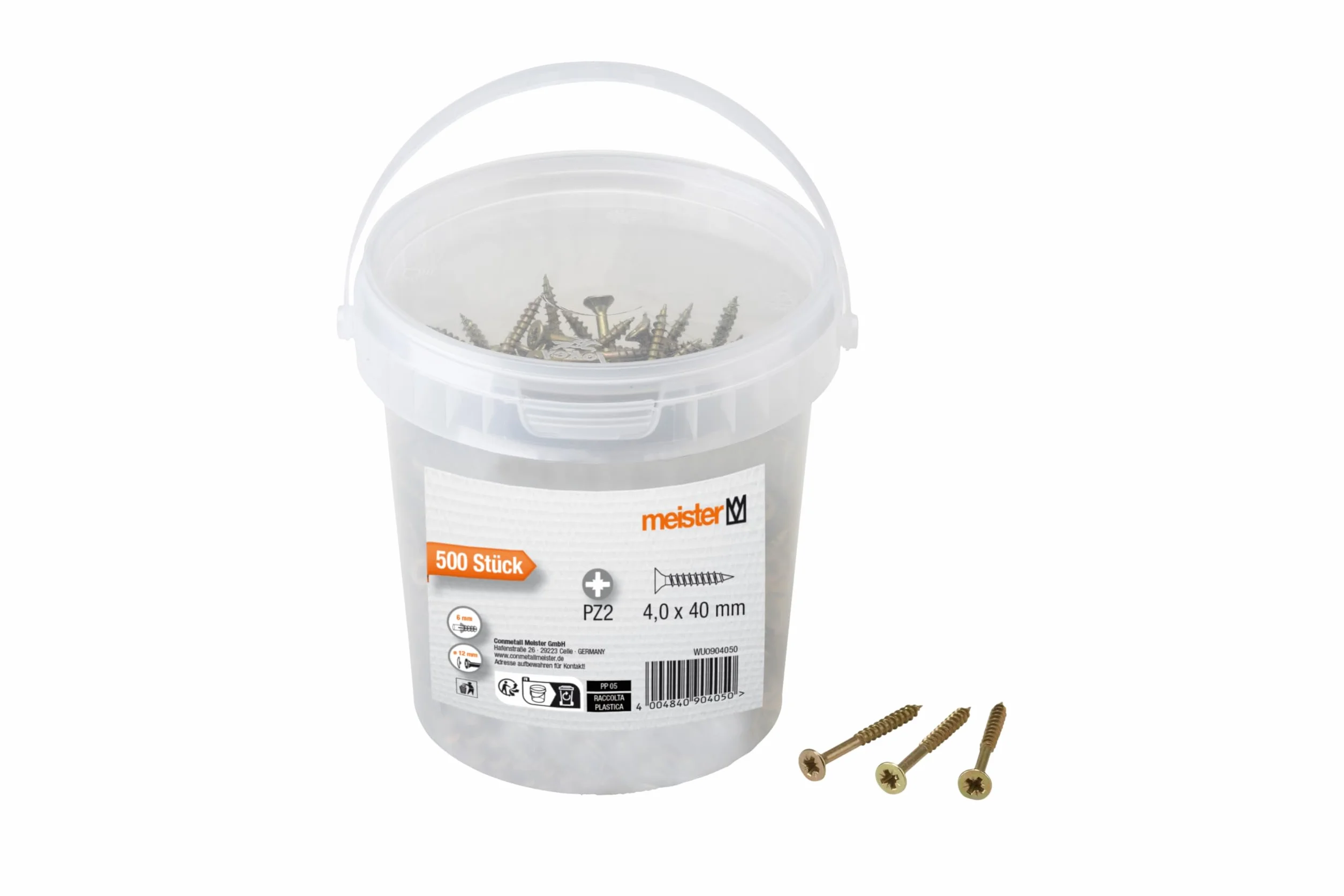 Meister Śruby uniwersalne 4,0 x 40 mm - 500 sztuk w zestawie - łeb wpuszczany - napęd PZ Pozidriv - gwint częściowy - żółty ocynkowany/zestaw śrub/wiadro / 904050