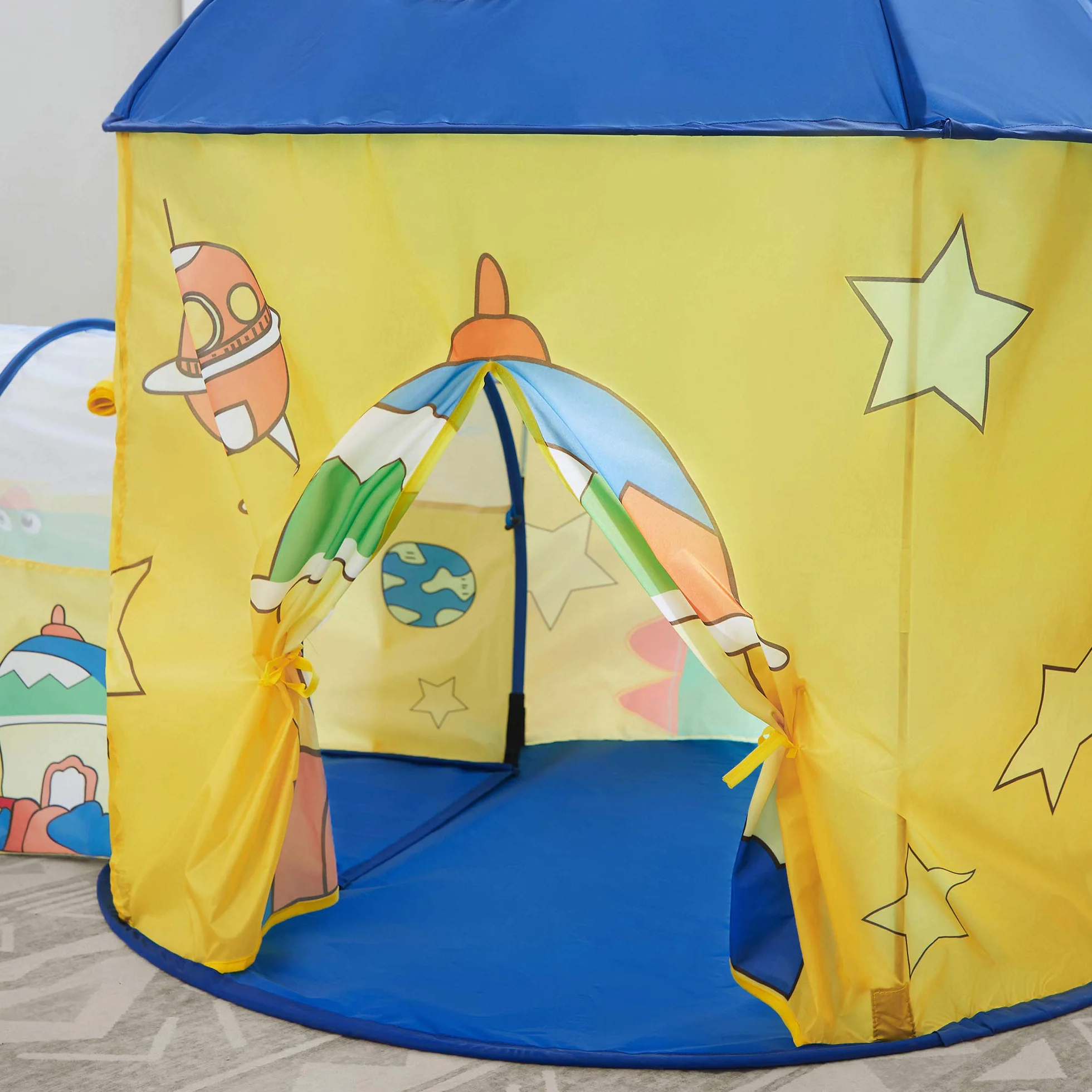 SONGMICS 3 w 1, Pop up Park dziecięcy z namiotem, tunelem, basenem z piłką, kosmicznym motywem dinozaura, pomysł na prezent, żółty i niebieski LPT702Y01