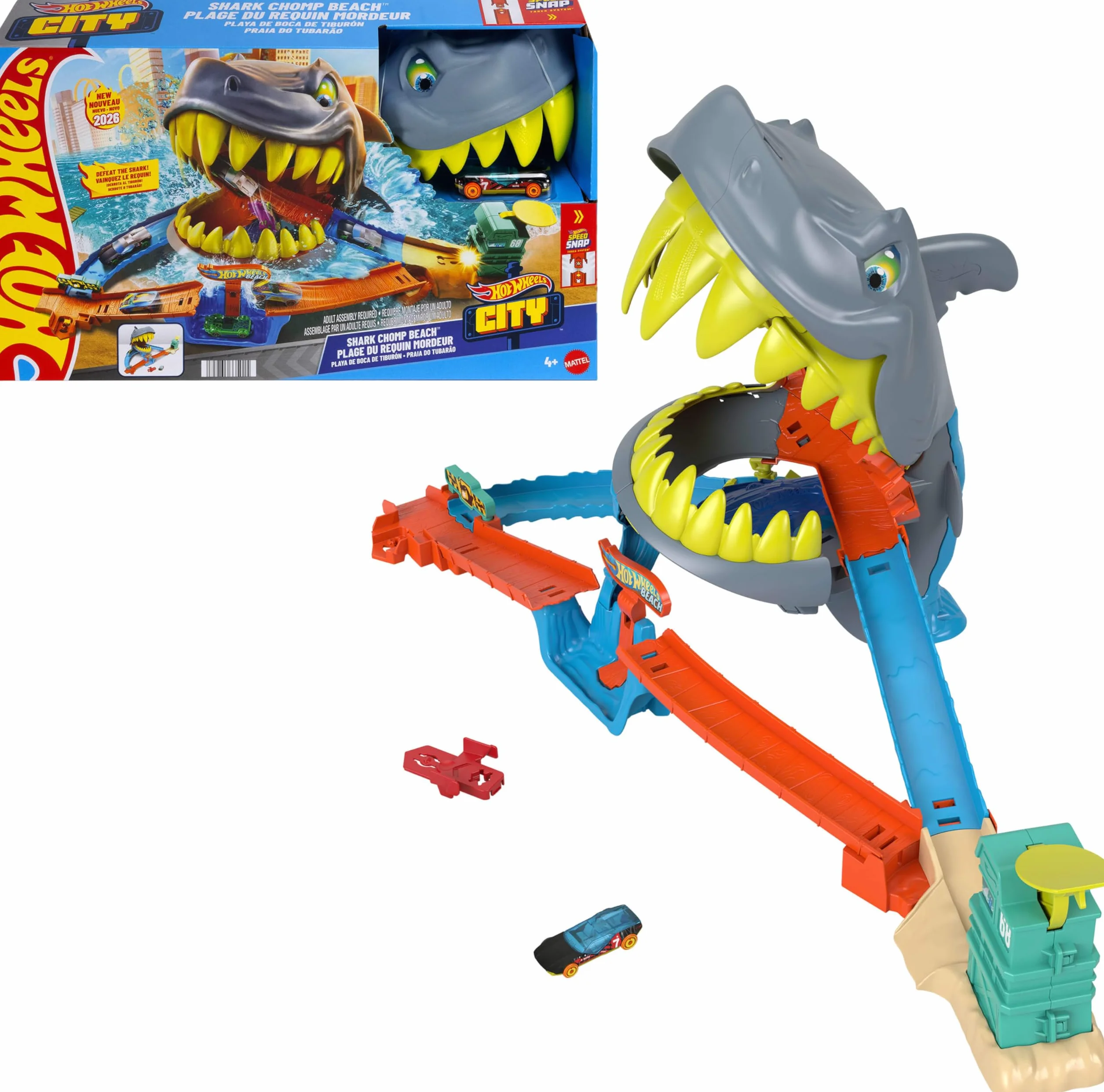 Hot Wheels City Rekin Starcie na plaży Tor Zestaw + metalowy samochodzik w skali 1:64, 2 sposoby zabawy, tor samochodowy, zabawka dla dzieci 4+, JHL96