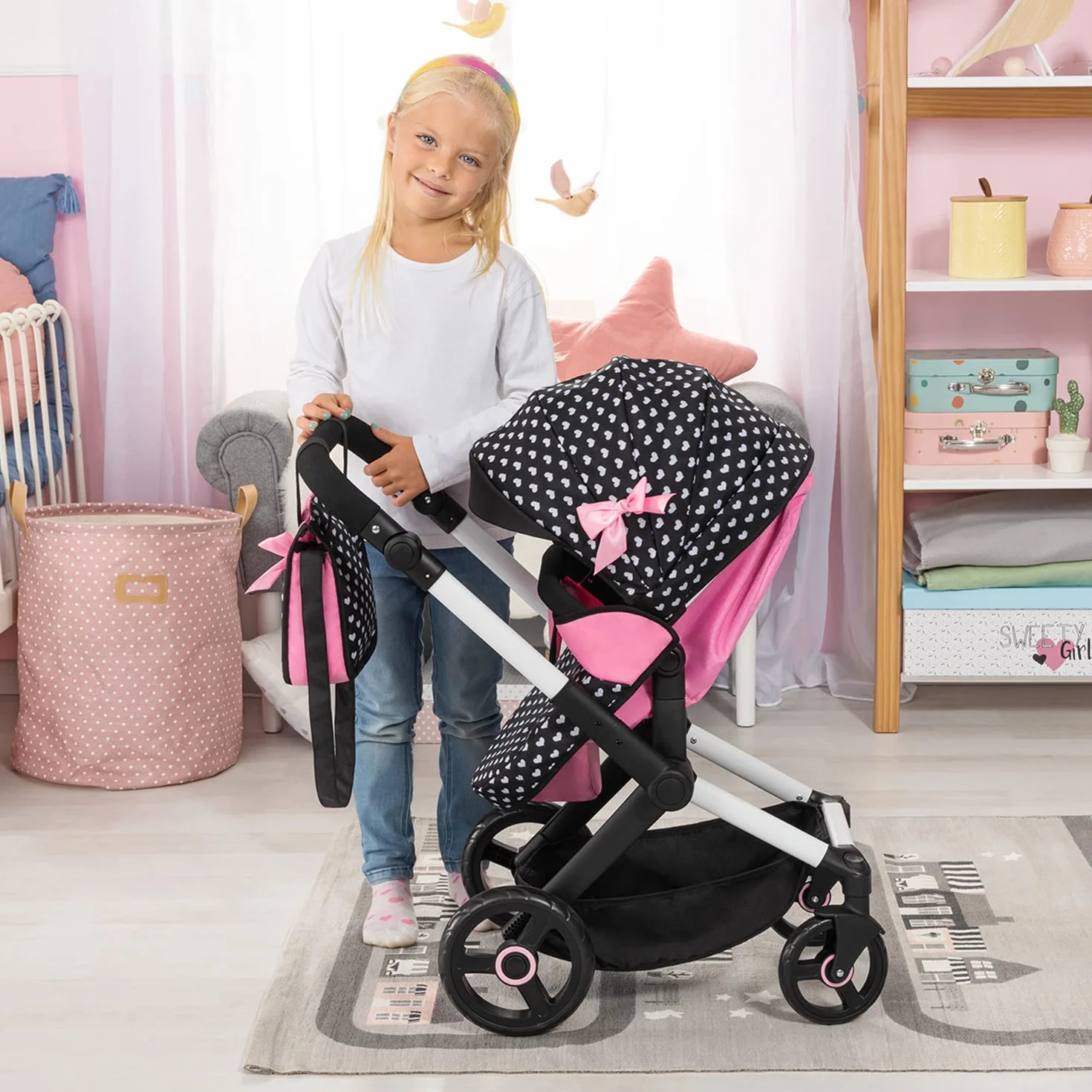 Bayer Design 17060AA Wózek dla lalek combi Xeo z torbą, regulacją wysokości, czarny, różowy