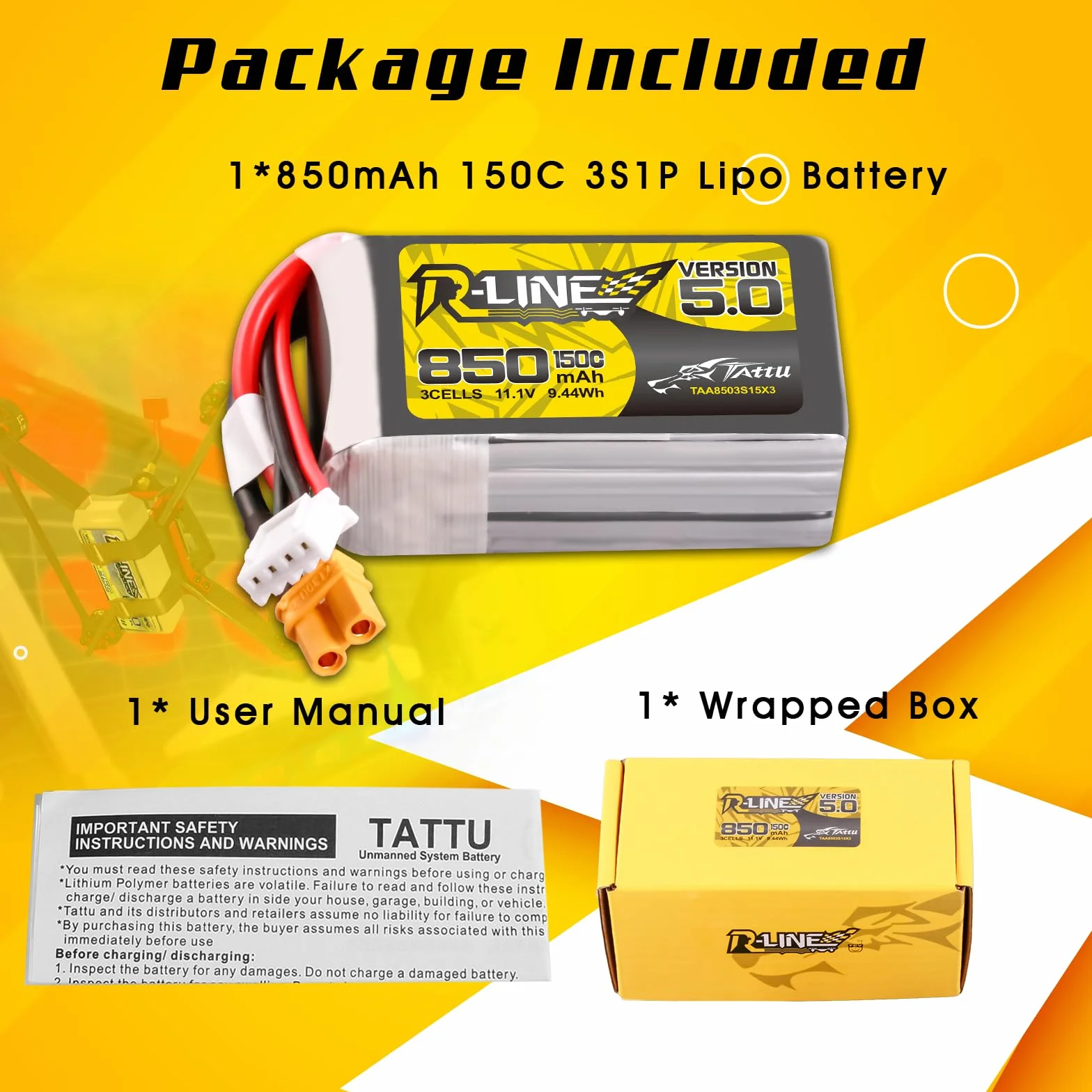 TATTU 3S Lipo akumulator 850 mAh 11,1 V 150C 3S1P bateria z wtyczką XT30 do dronów FPV o średnicy od 3 do 5 cali
