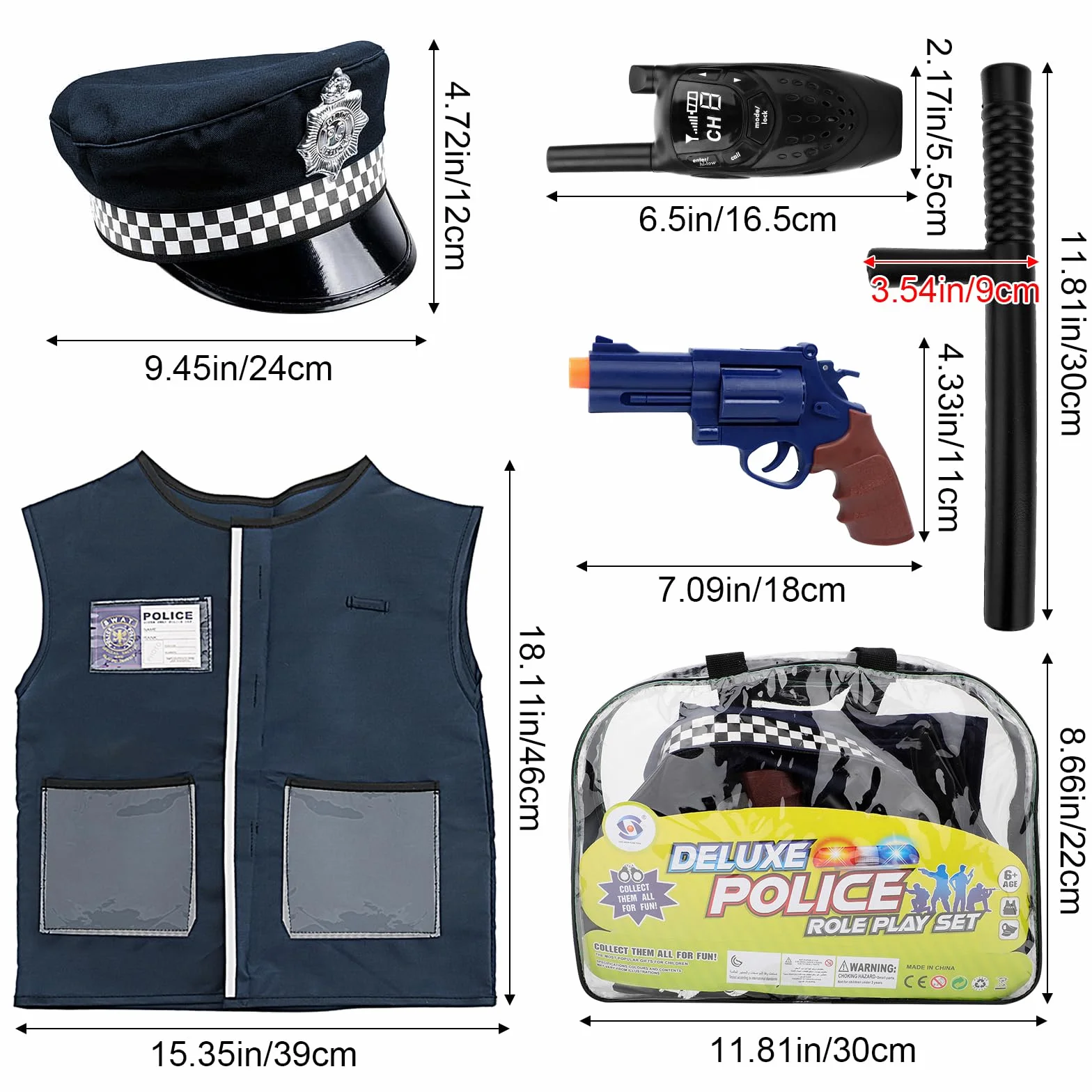 deAO Zestaw małego policjanta z czapką, strzelbą, zabawkowymi granatami oraz wiele więcej gadżetów sił specjalnych - idealny zestaw dla dzieci