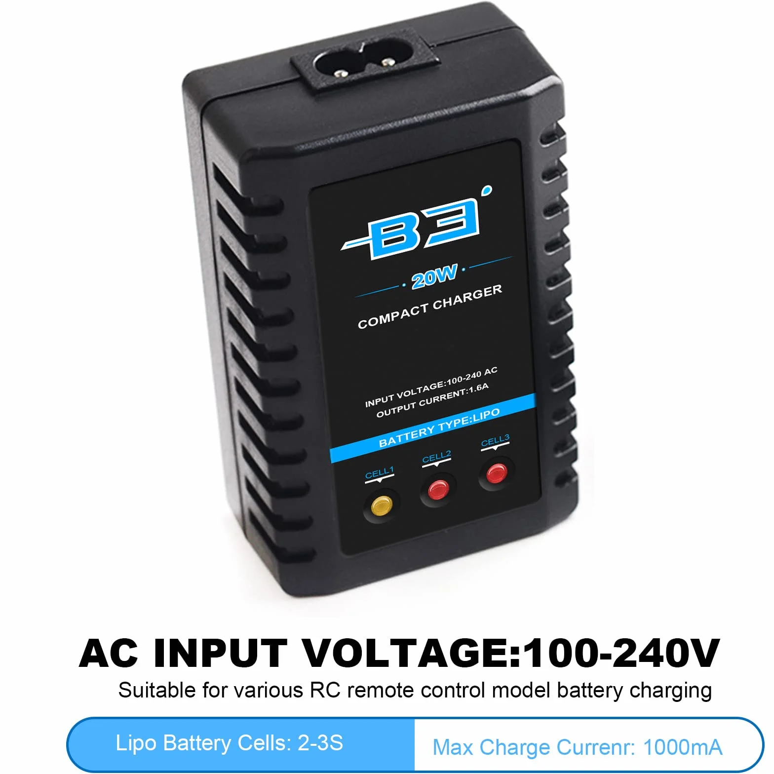 Cargador de batería B3 Lipo 2S-3S 7.4V-11.1V 100-240V para RC