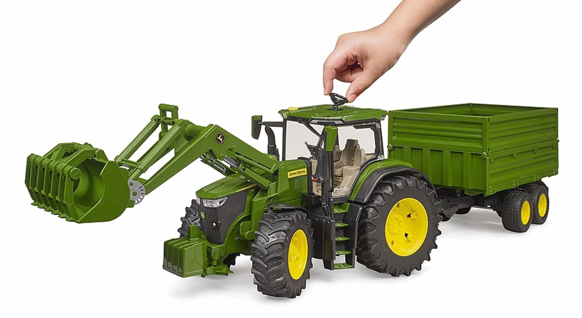 bruder 03155 - John Deere 7R 350 z ładowaczem czołowym i przyczepą transportową z osią tandemową - 1:16 Pojazd, Ciągnik, Bulldog, Rolnictwo, Farma, Przyczepa, bworld, Zabawki