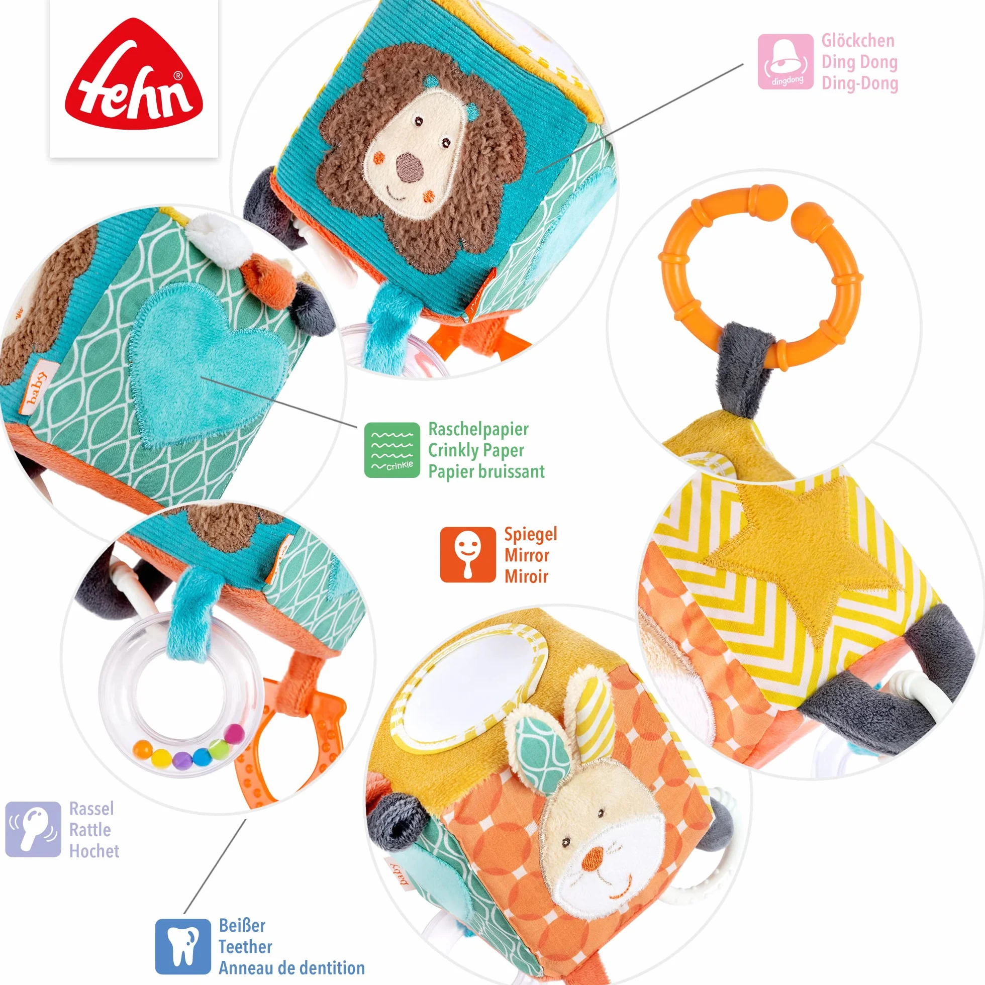 Fehn 066029 Kostka aktywności Funky Friends – zabawka motoryczna do zawieszenia – dla niemowląt i małych dzieci od 0+ miesięcy – wymiary: 10 x 10 cm