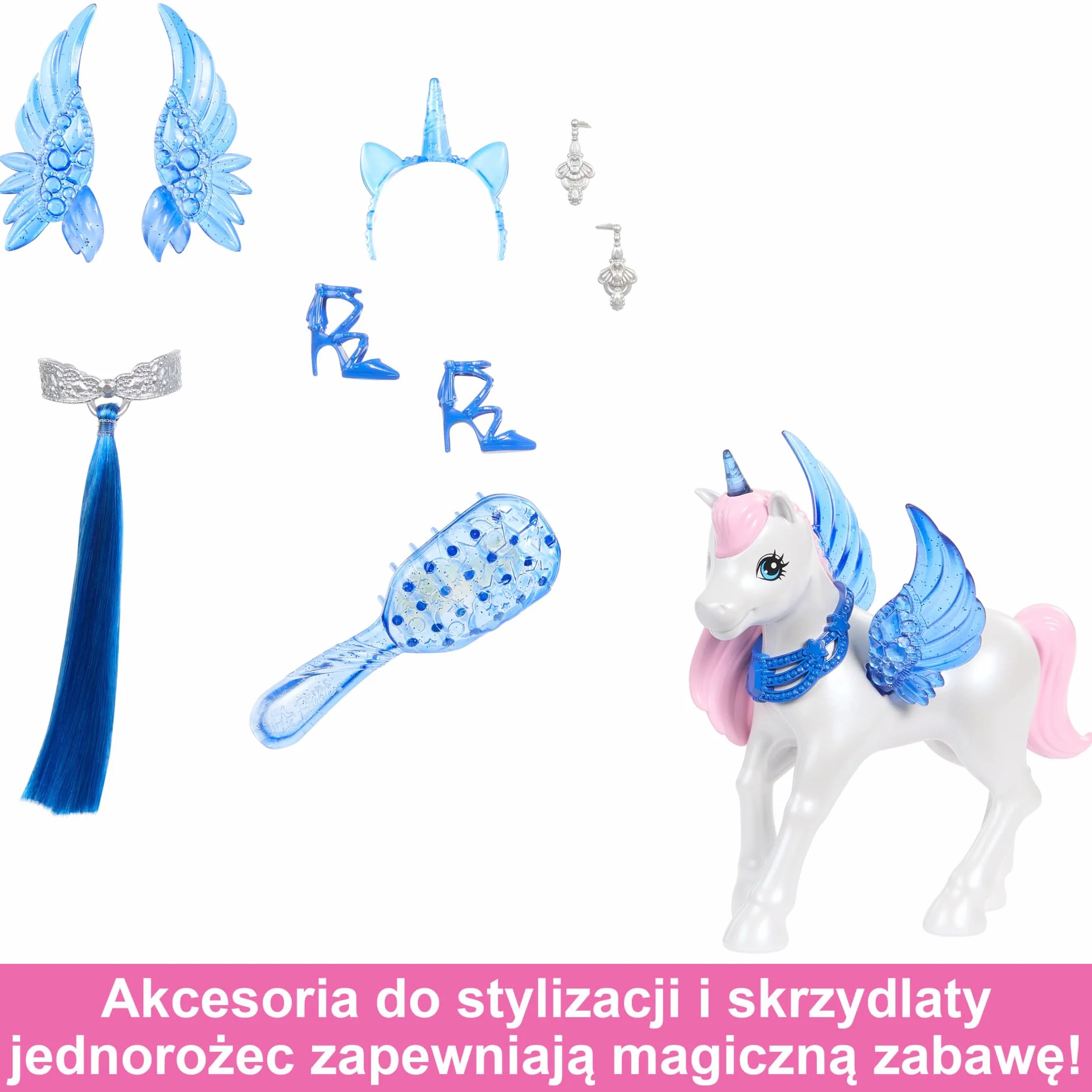 Barbie Sapphire Skrzydlaty jednorożec Lalka 65 rocznica z niebieskimi włosami, różową suknią i akcesoriami, takimi jak szafirowe skrzydełka i jednorożec ze skrzydłami, HRR16