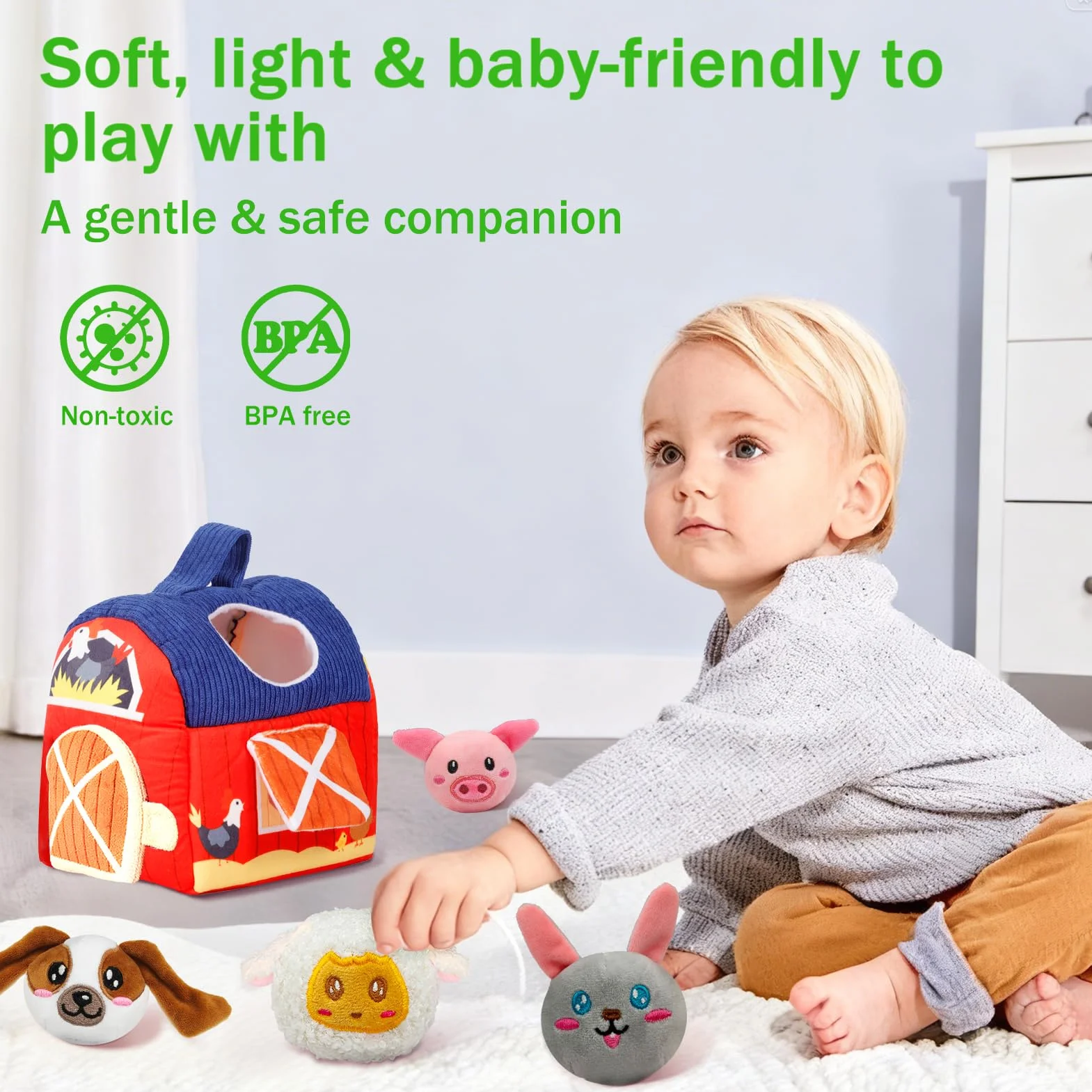 Materiałowy Domek Farma Montessori z 6 Miękkimi Grzechotkami Zwierzęcymi i Lusterkiem, Sensoryczna Zabawka dla Niemowląt 6-12 miesięcy, Prezent na Boże Narodzenie