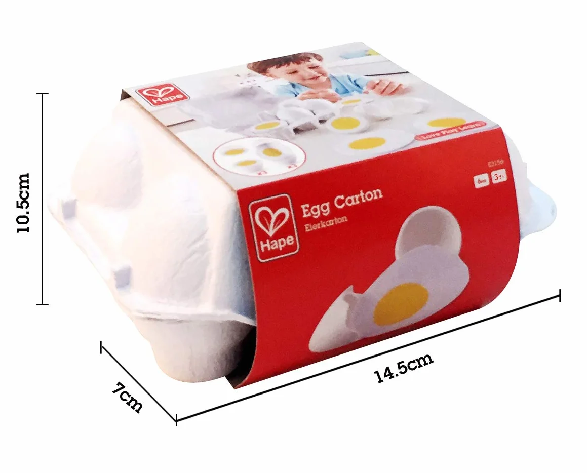 Hape Egg Carton, 3 Hard-Boiled Eggs with Easy-Peel Shell & 3 Fried Eggs, Wooden Realistic Educational Toy for Children 3+