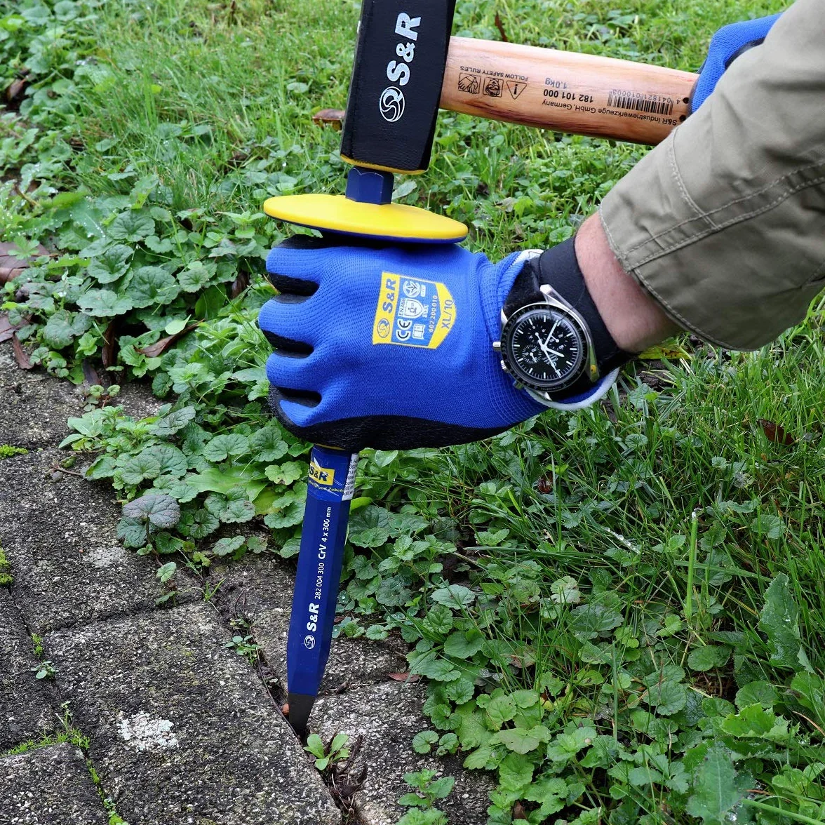 S&R dłuto spiczaste, zimne dłuto ze spiczastą głową i ochroną dłoni / osłoną końcową, 295 x 95 x 4 mm, 40 Cr-V, 52-58 HRC, antypoślizgowy ergonomiczny uchwyt, bardzo szeroka powierzchnia uderzenia