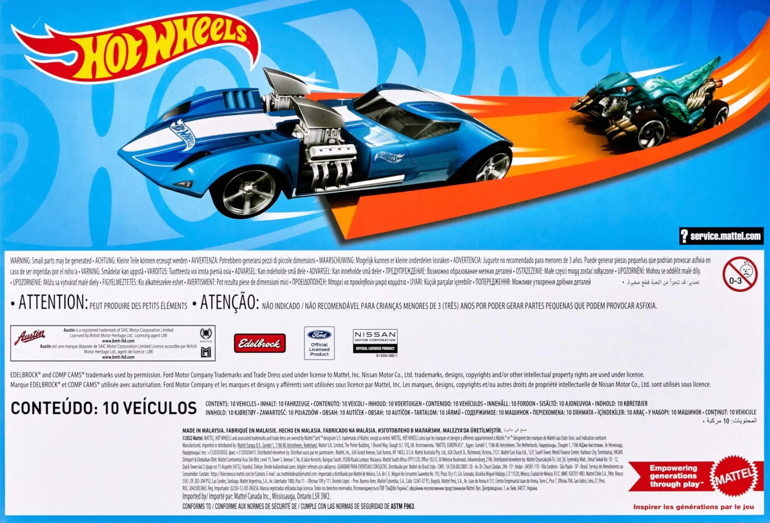 Hot Wheels 10-pak ciężarówek Zestaw samochodów zabawek w skali 1:64 z modelami nowoczesnymi i vintage, pojazdy kaskaderskie, robocze, wyścigowe, vany i ciężarówki (style mogą się różnić), HYM97