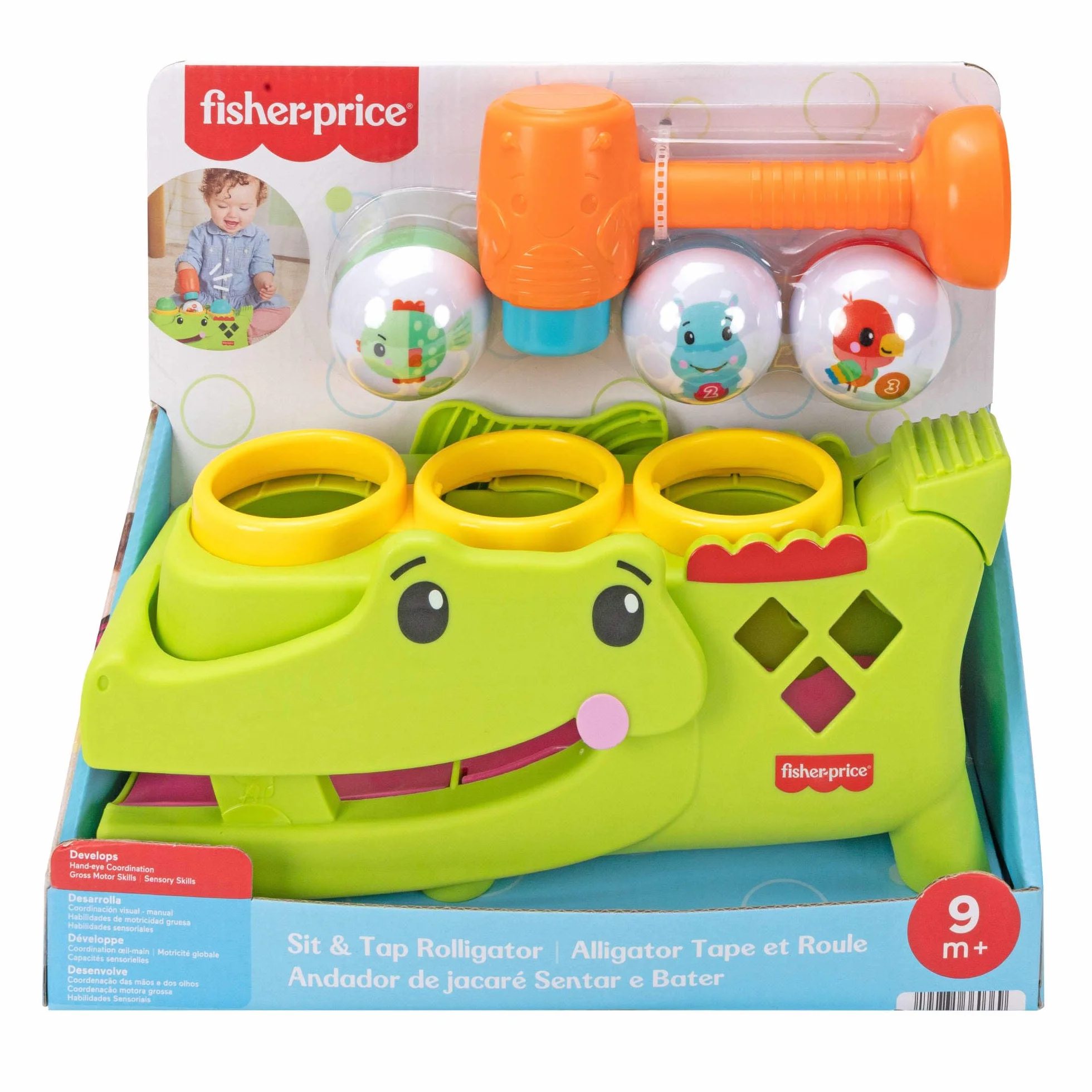 Fisher-Price Krokodyl Przebijanka aktywizująca z piłeczkami, zestaw zachęcający do raczkowania, młoteczek i 3 piłeczki, zabawka rozwojowa dla dzieci od 9 miesiąca życia, JLB94