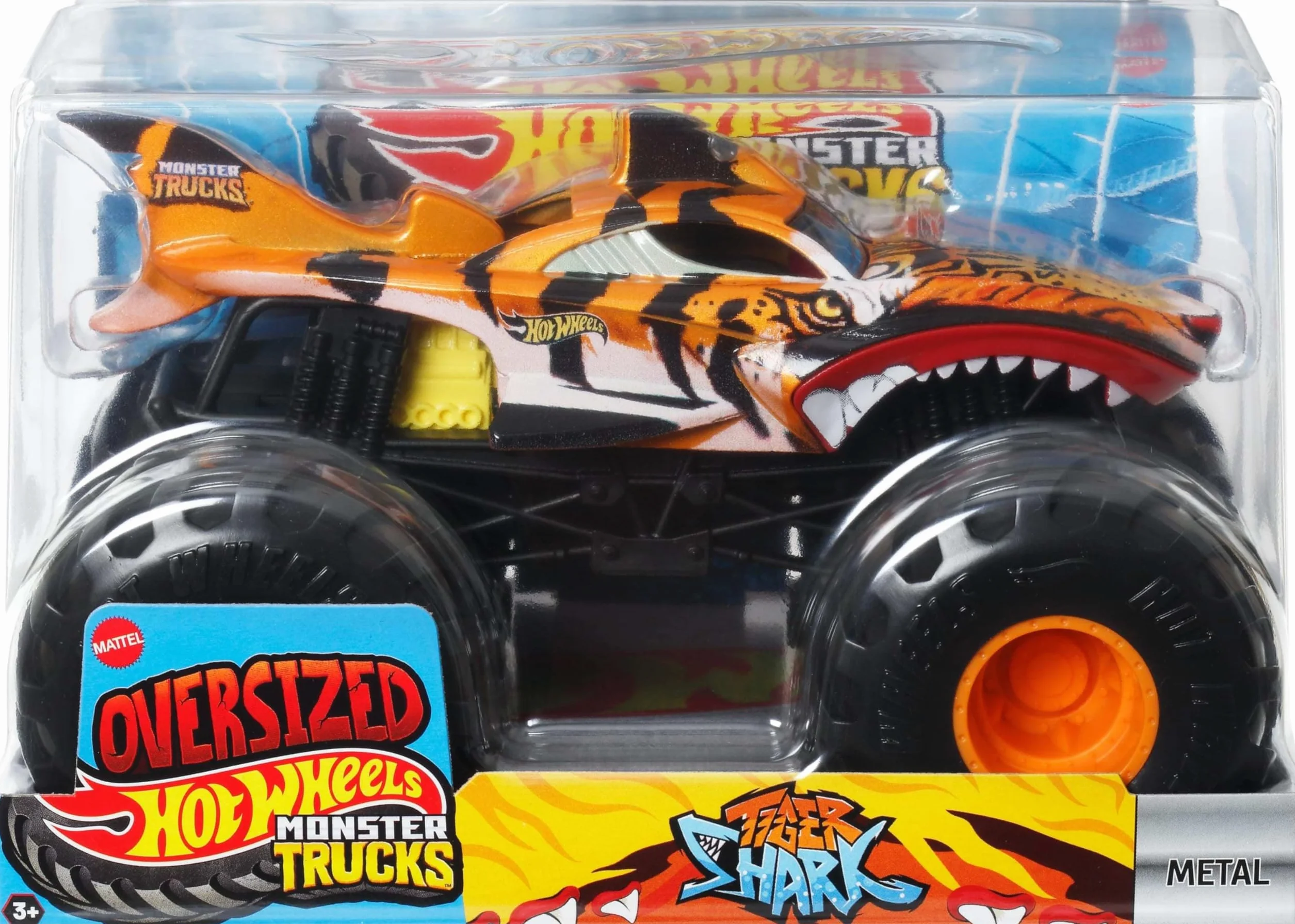Hot Wheels Monster Trucks Tiger Shark Duży metalowy pojazd zabawka w skali 1:24 z wielkimi kołami i wyjątkowymi wzorami, samochód dla dzieci, JDR02