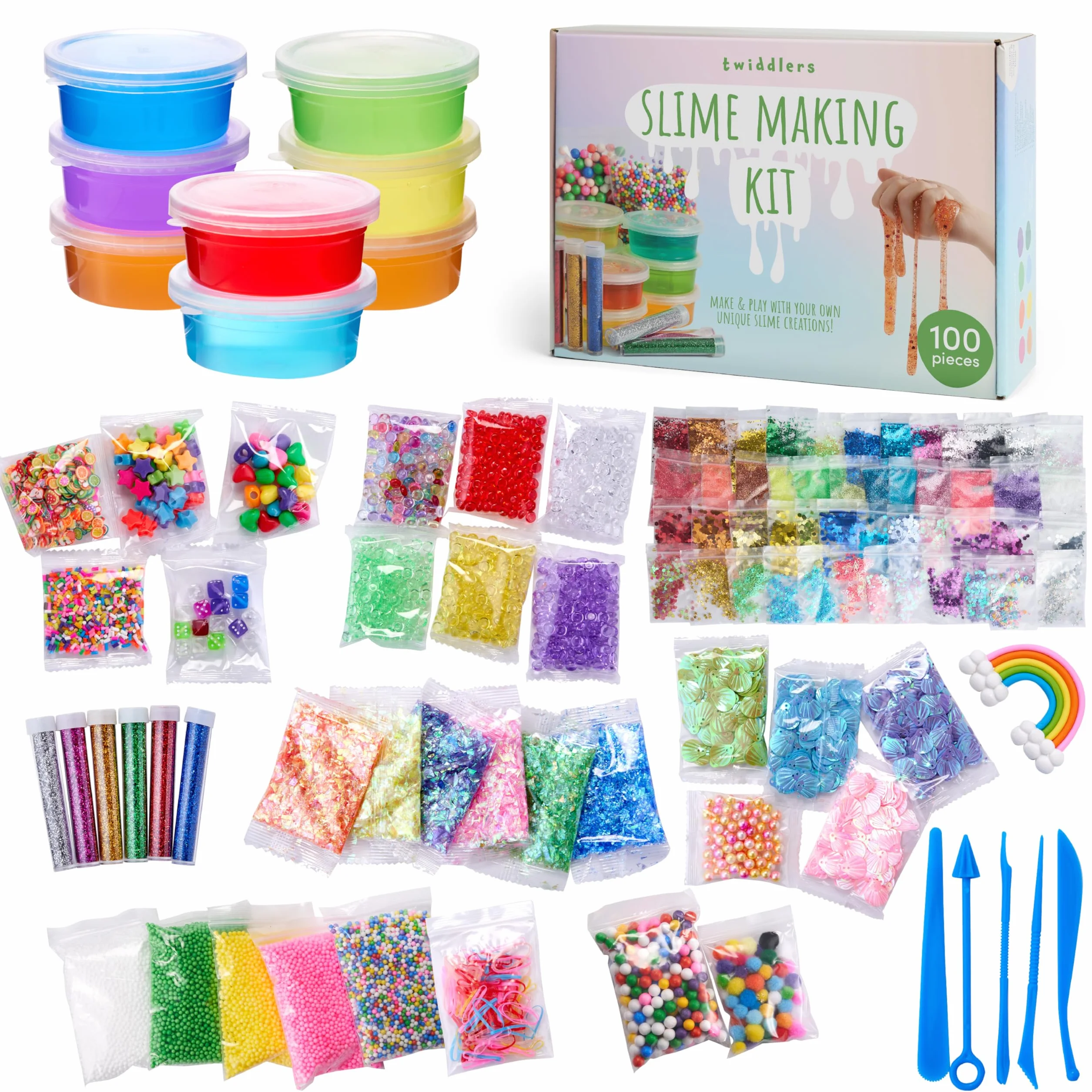 The Twiddlers - 100 Piece Slime Making Kit Gift Set for Kids - Crystal Beads, Glitters and Decorations, DIY Arts & Crafts Toys