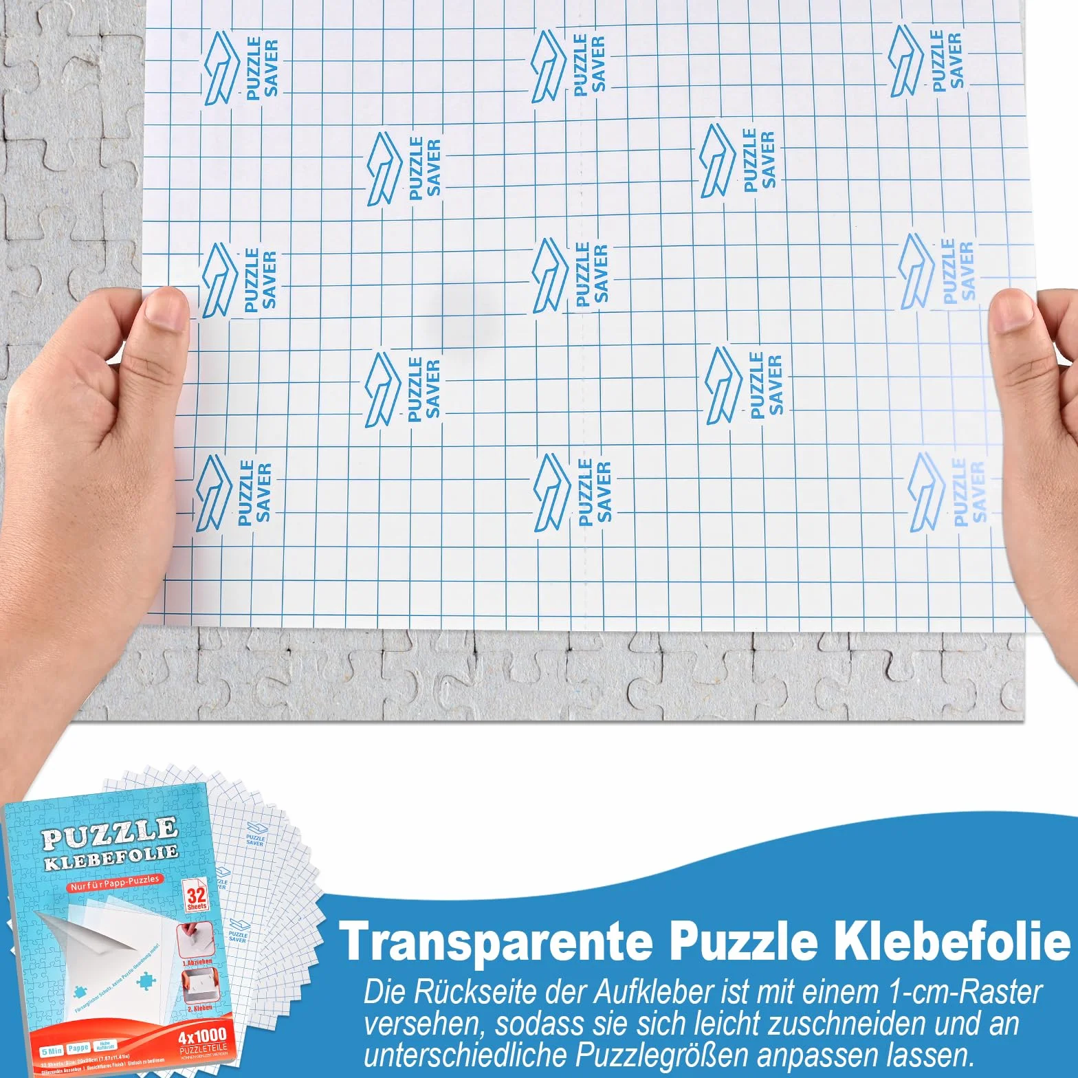 Faburo Puzzle folia samoprzylepna, 32 sztuki, super klej do puzzli, 4 x 1000 elementów / 8 x 500 części, 20 x 29 cm, folia samoprzylepna przezroczysta dla dzieci i dorosłych, do puzzli, przezroczysta