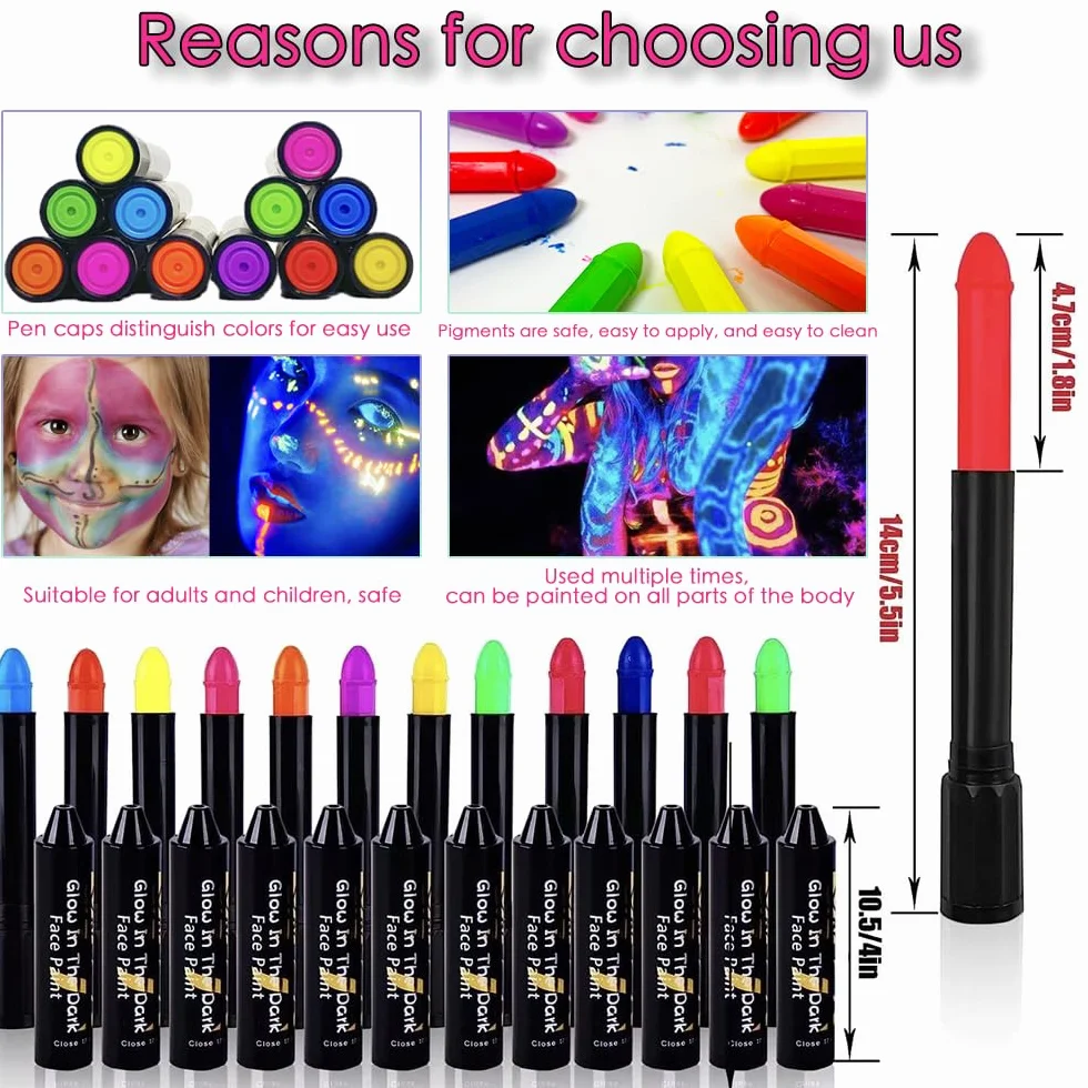 Farba fluorescencyjna UV, HISUNBEN 12 neonowych ołówków do twarzy i ciała, zmywalna, nietoksyczna farba neonowa UV, na festiwal, Mardi Gras, Halloween, do makijażu