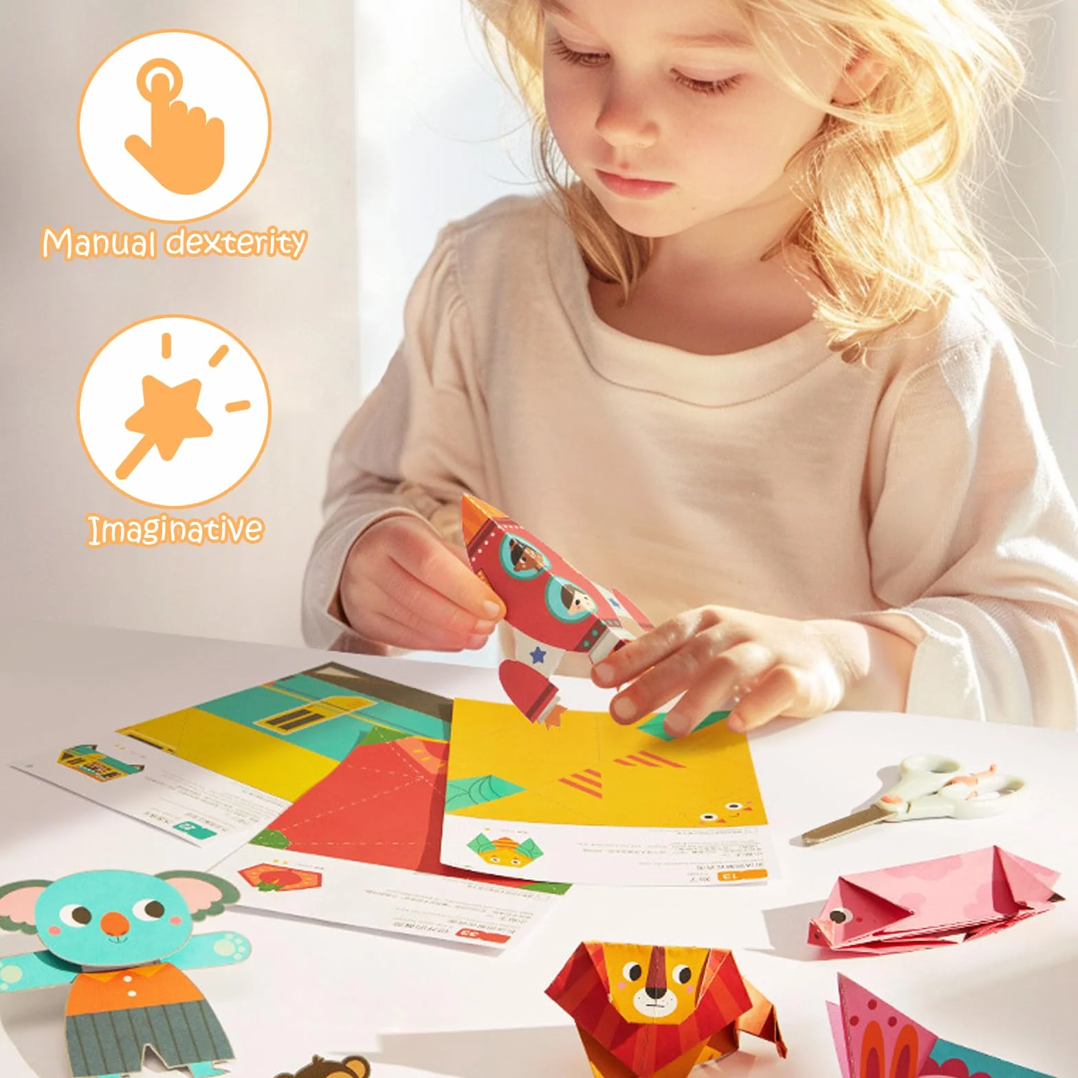 Zestaw do cięcia papieru dla dzieci, 50 arkuszy papieru, zabawny zestaw do cięcia papieru, zabawka edukacyjna DIY, zabawka edukacyjna od 5 lat, zabawka edukacyjna, naklejka + certyfikat (zaawansowany)