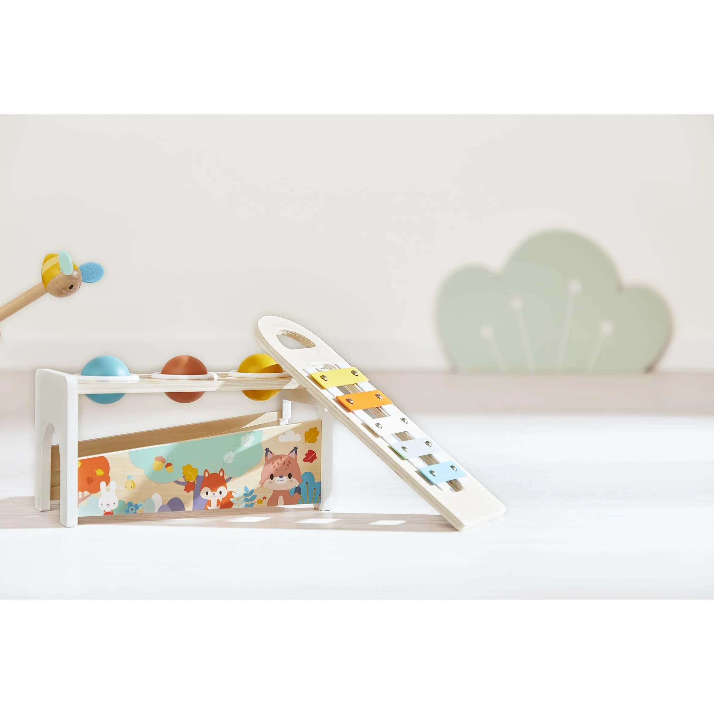 Janod Tap Tap Xylo Pure 2-in-1 Baby Musical Instrument - Awakening and Educational Game - Wooden Toy with 3 Balls + Hammer + Xylophone - From 12 Months Old, J05155