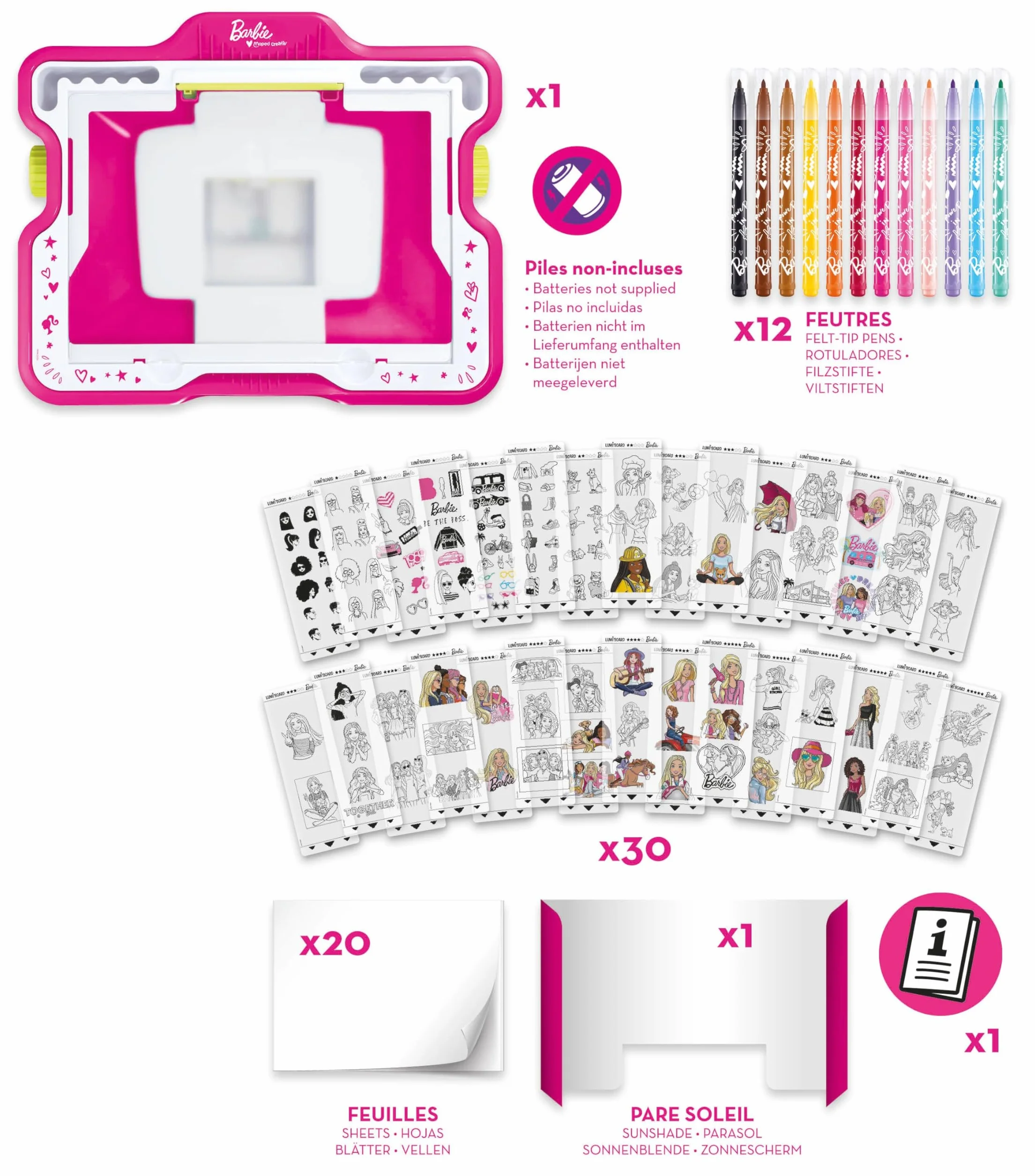 Maped Creativ - Barbie Lumi Board - Stół do rysowania ze światłem - Kolekcja Creativ - 30 szablonów Barbie - Zawiera osłonę słoneczną i markery - od 5 lat