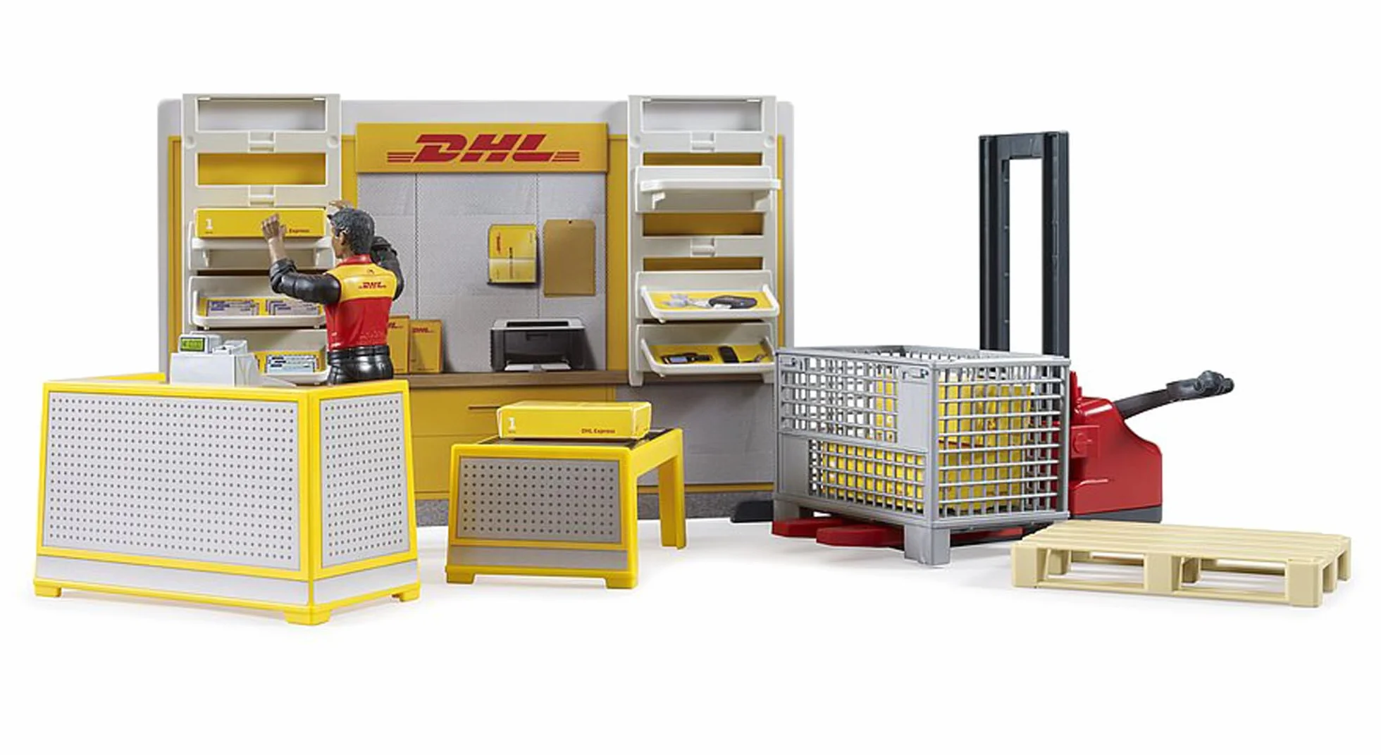 bruder 62251 - Bworld DHL Paketshop z pracownikiem DHL - 1:16 Zabawka, Akcesoria, Poczta, Listonosz, Obsługa paczek, Logistyka, Wysyłka, Zestaw do zabawy