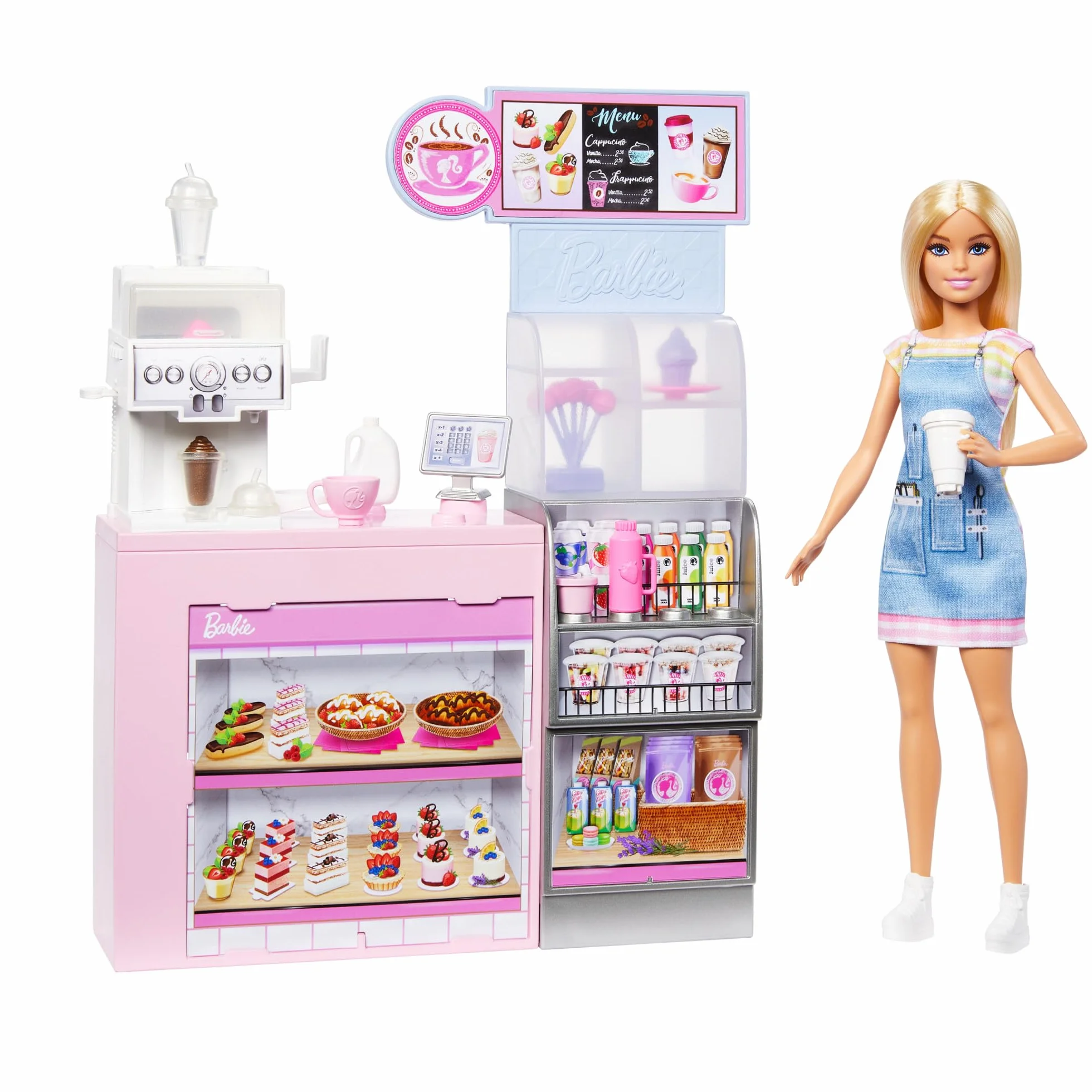 Barbie Kawiarnia Zestaw z lalką baristką i 12 akcesoriami, w tym ekspresem do kawy i maszyną do koktajli w jednym, „jedzeniem” i kubeczkami, HXN94