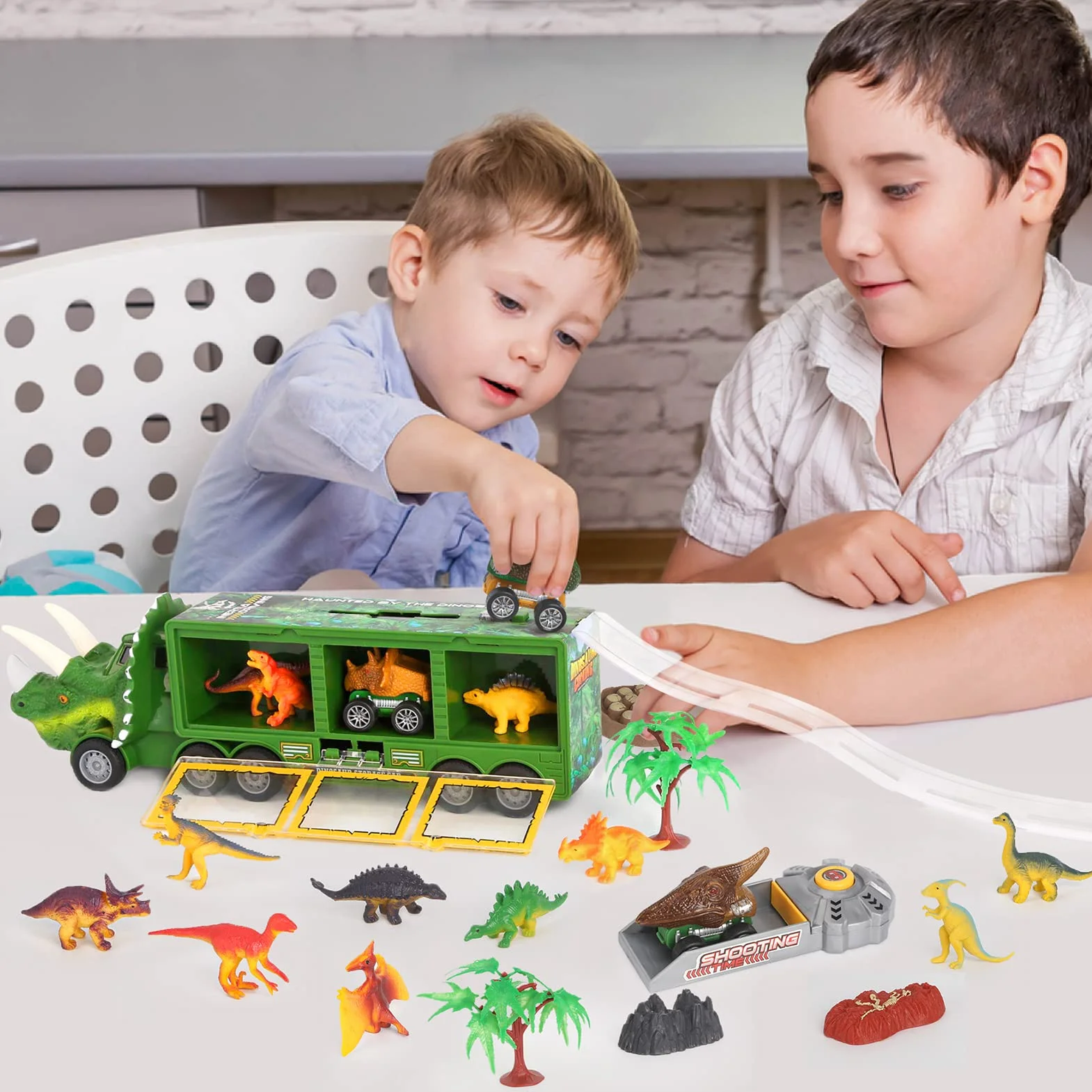DINORUN Zabawki z dinozaurami, ciężarówka dla dzieci, ze światłem i dźwiękiem, zestaw transportowy zawiera wyciągany dinozaur, samochód, mini figurki dinozaurów, prezenty edukacyjne dla chłopców i dziewcząt