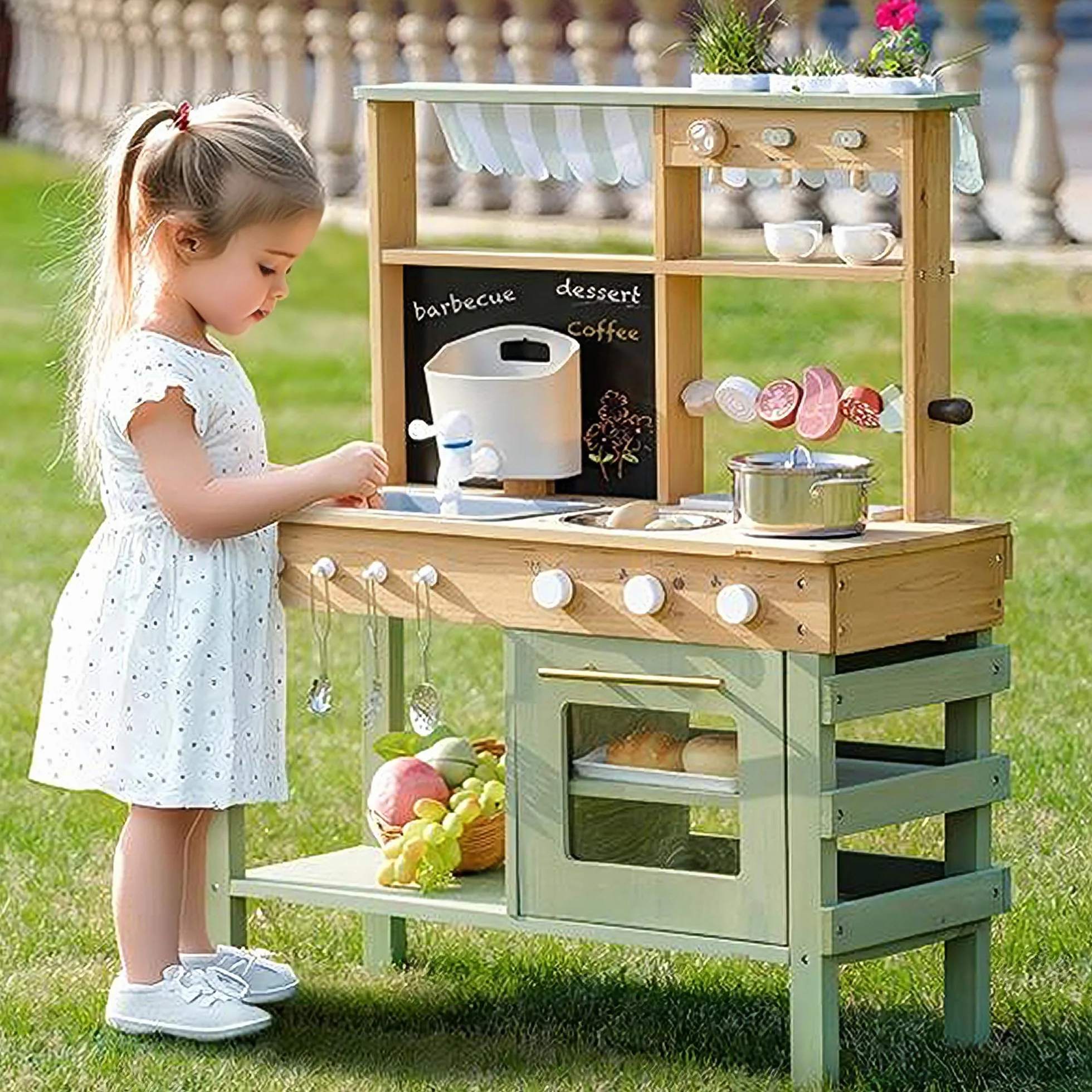 ROBOTIME Drewniana Kuchnia dla Dzieci z Funkcjonującym Kranem i Grillem BBQ