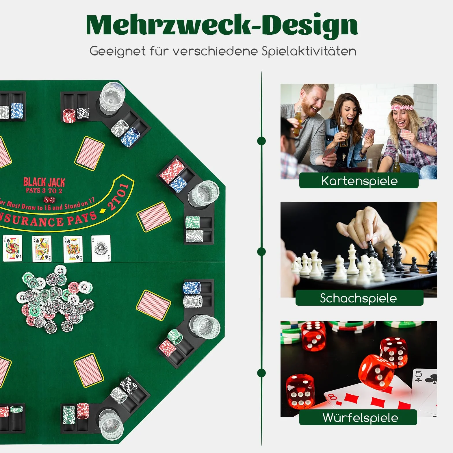 COSTWAY Texas Holdem mata do pokera, 120 x 120 cm, składana, dla 8 graczy, z uchwytami na napoje, dywan do pokera z torbą do przenoszenia, ośmiokątna, zielona