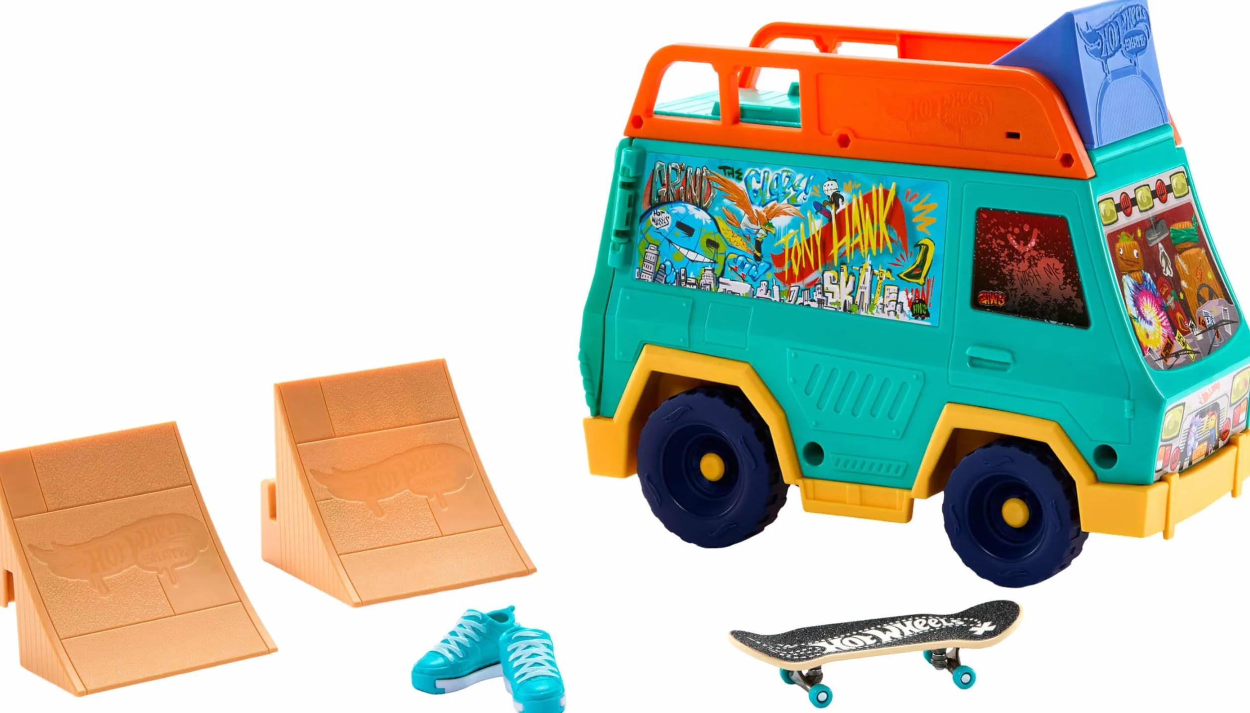 Hot Wheels Skate Van Pojazd i Zestaw 2 w 1 z Deskorolką i Butami na Palce Tony Hawk, Zabawka dla Dzieci JGG91