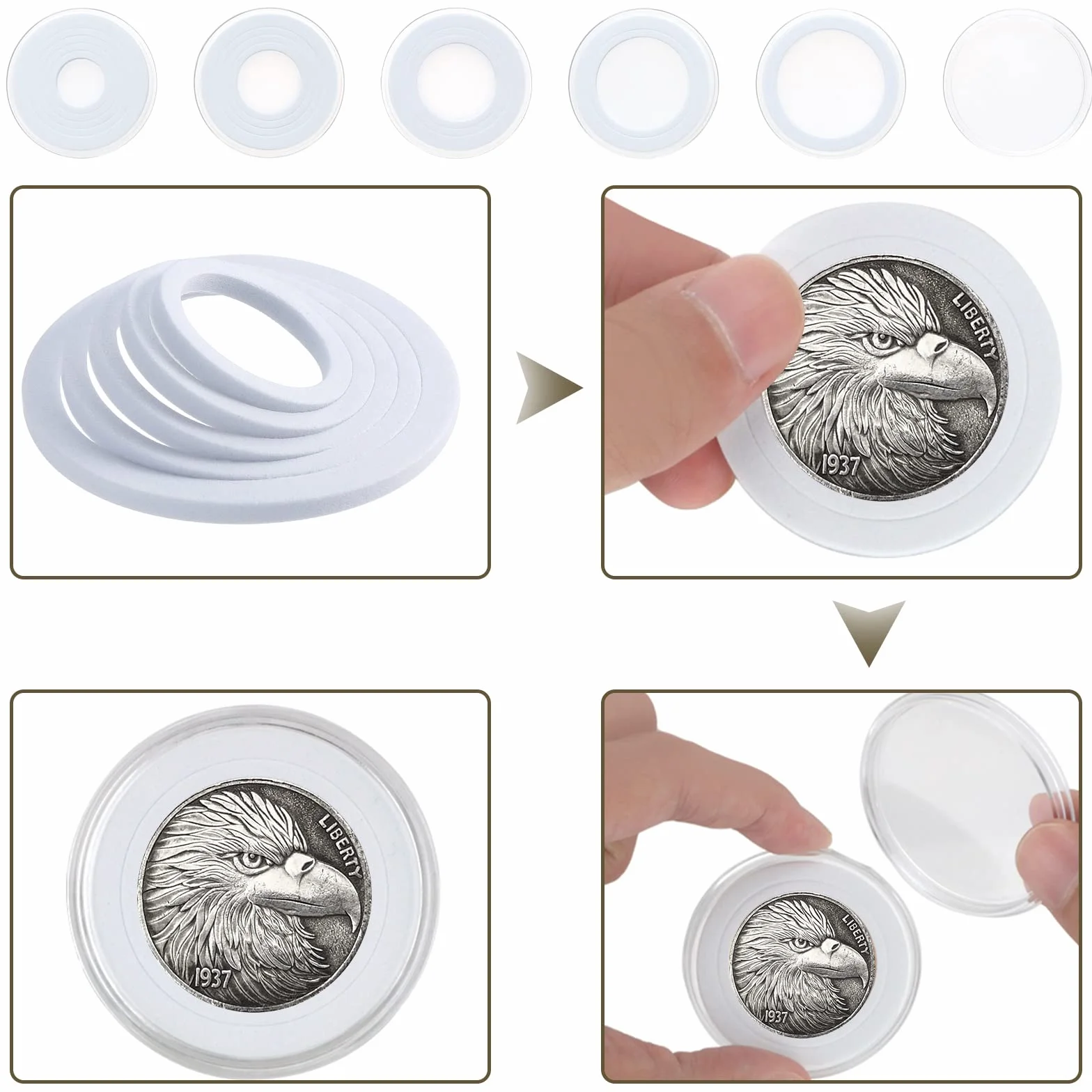 Kyrio 30-pak etui na monety Drewniane pudełko na monety z okrągłymi plastikowymi kapsułkami na monety, pudełko ochronne na organizery na monety pasujące do rozmiarów monet 17-45mm