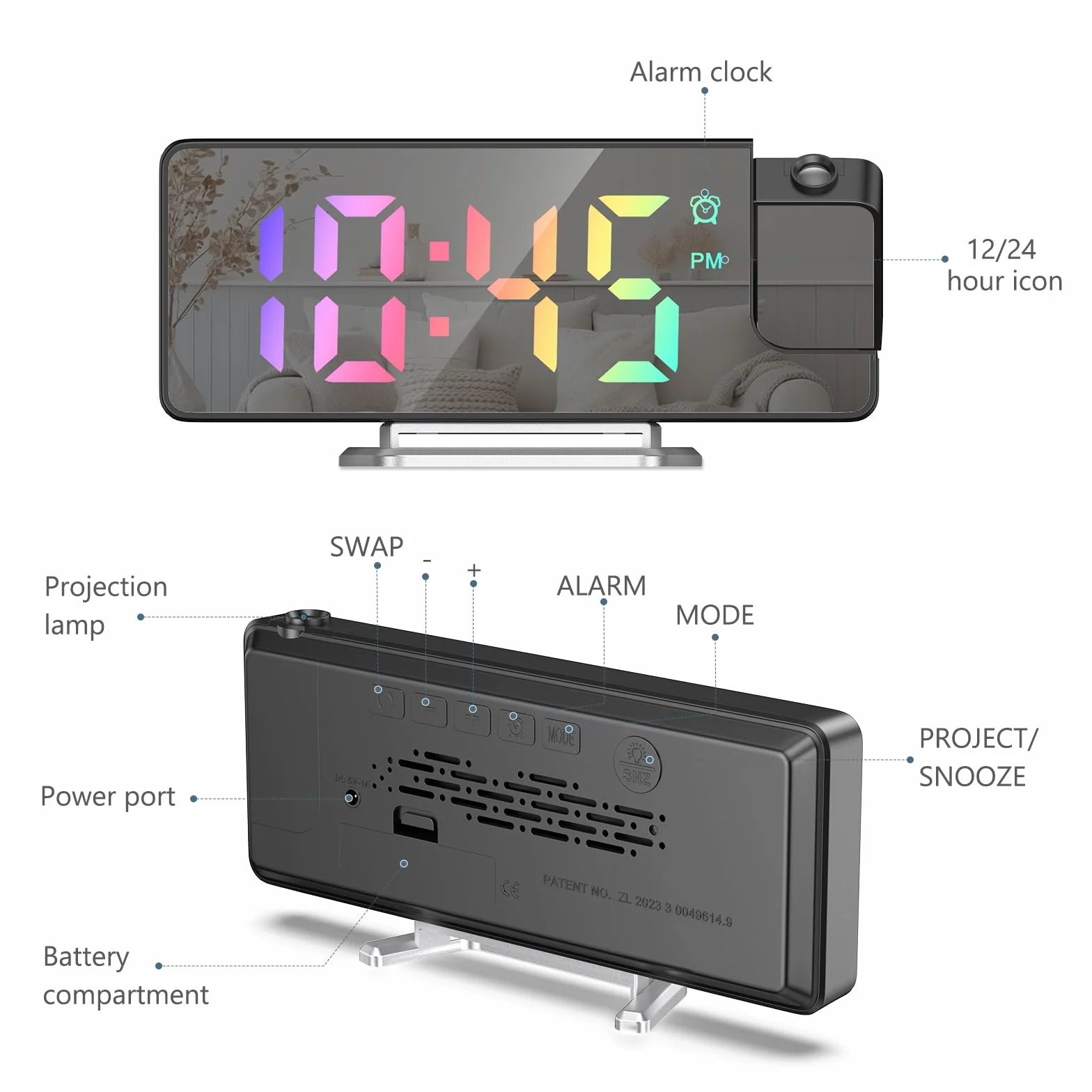 New Projection Alarm Clock, cyfrowy budzik z wyświetlaczem temperatury, 180° Flip Projection Clock, elektroniczny zegar stołowy, 3 ustawienia jasności, wyświetlacz 12/24 godzinny, kolorowy