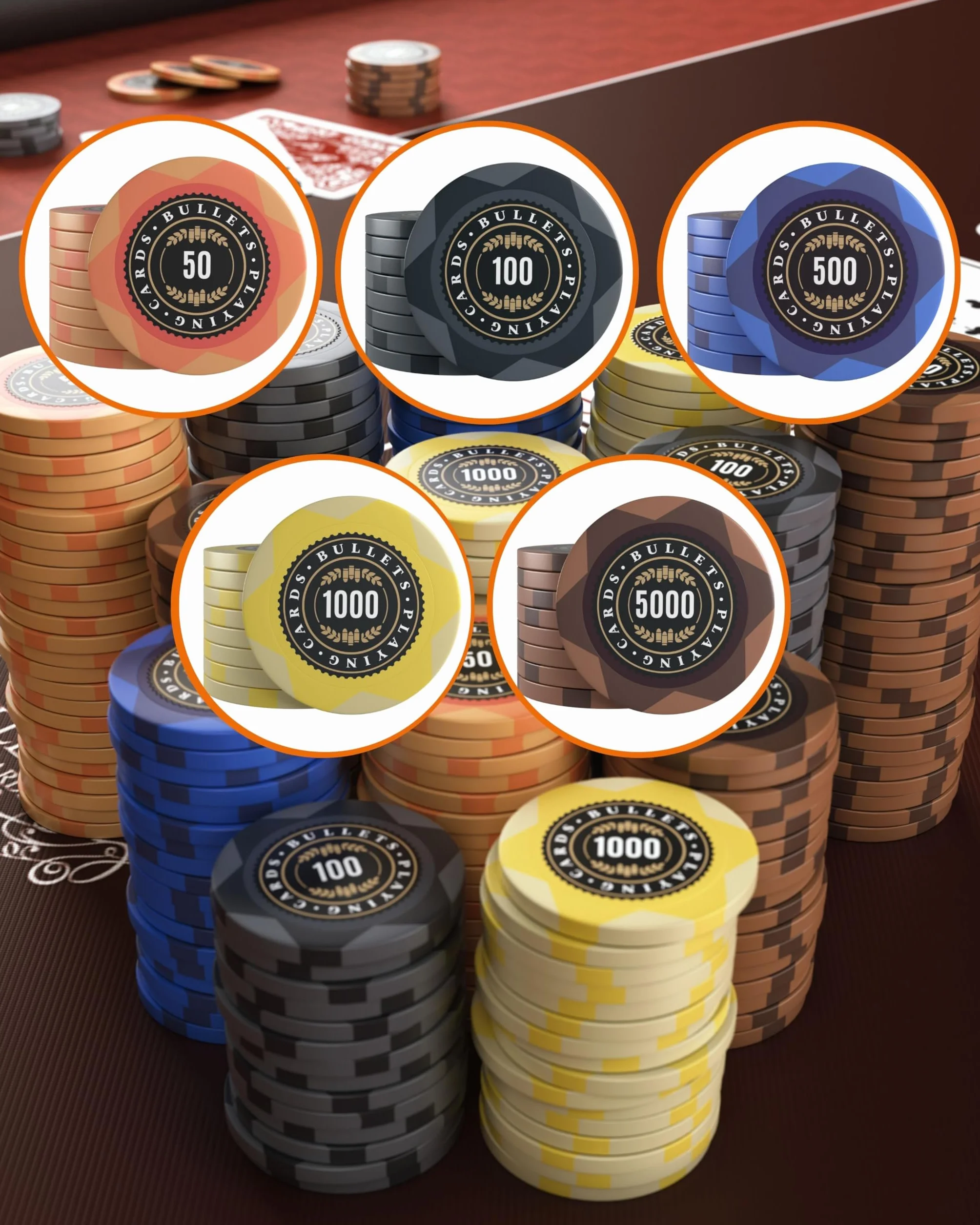 Bullets Playing Cards, 25 x Clay Poker Chips Adriana do zestawu do pokera, różne wartości, średnica 4 cm, waga 14 g (1 sztuka)