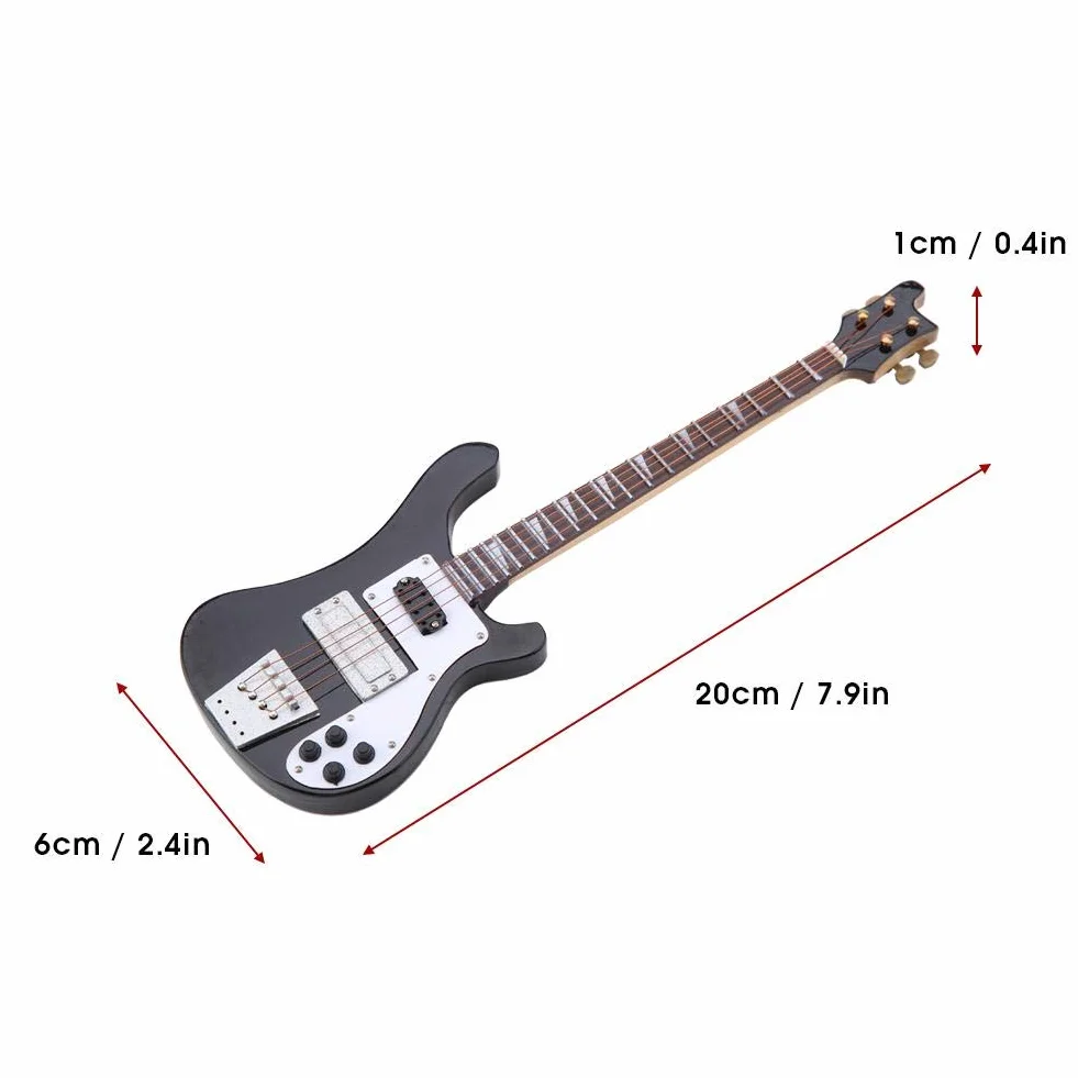 Instrument gitarowy, czarna miniaturowa replika gitary basowej ze stojakiem i etui instrument model ozdoby