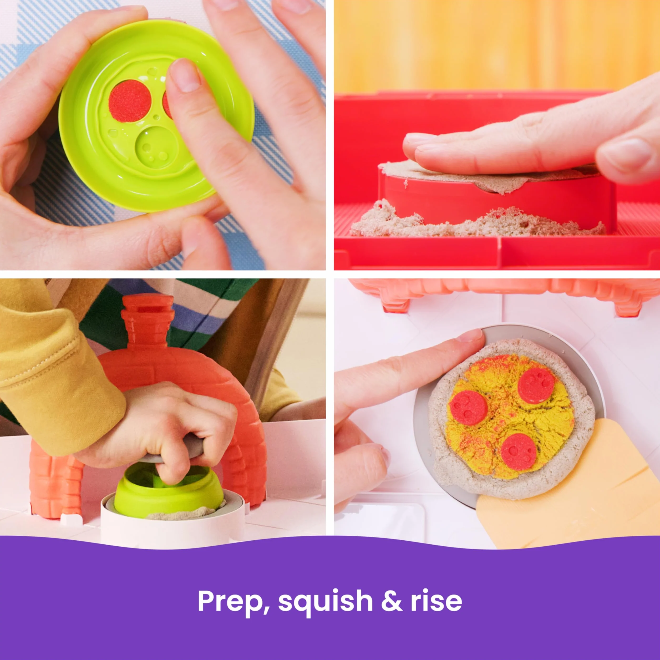 Kinetic Sand, zestaw SquishPizza Rising Pizza z 450 g piasku do zabawy i 5 narzędziami, zabawki dla dziewczynek i chłopców w wieku od 5 lat